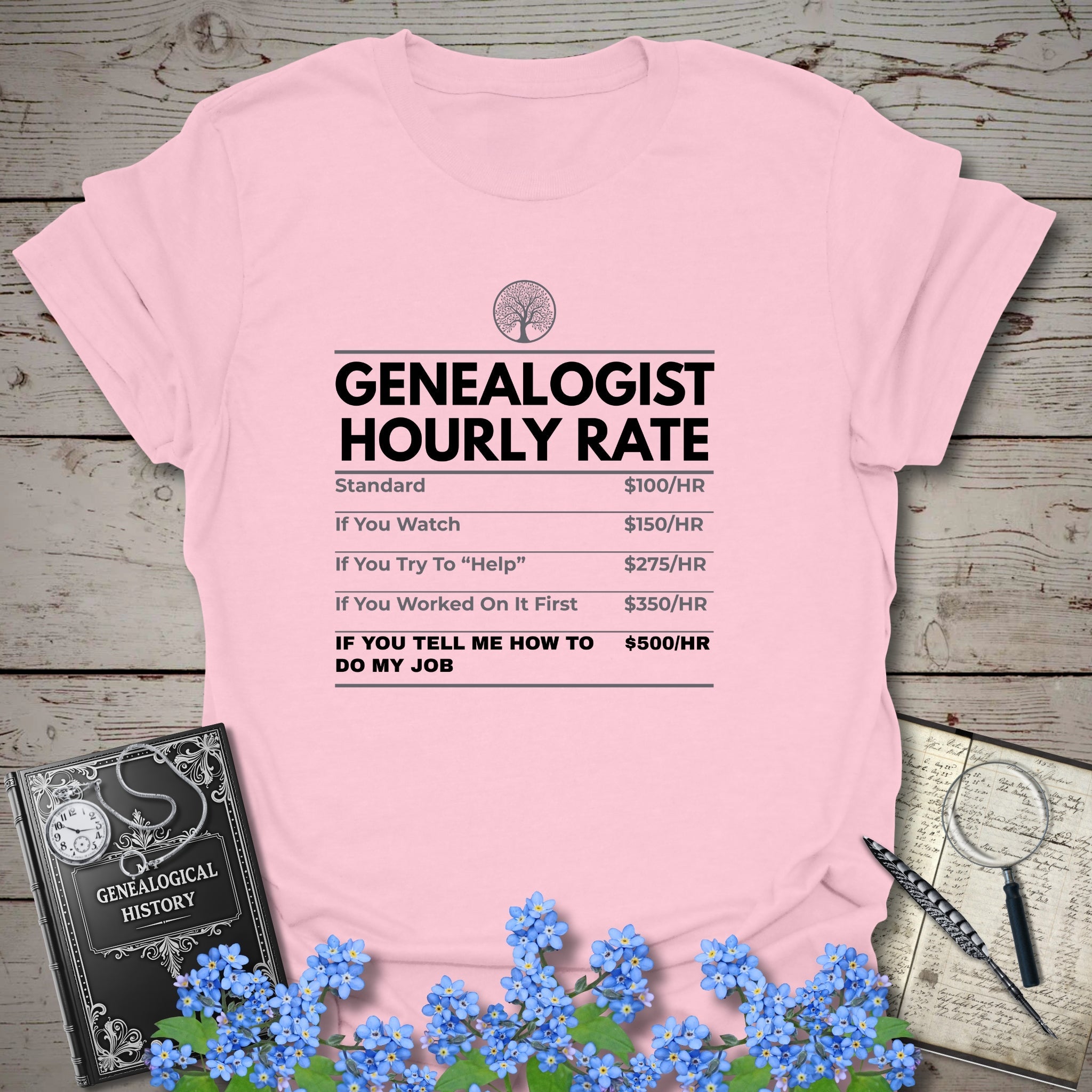 Genealogist Hourly Rate T-Shirt in Light Pink by Genealogy Keepsakes