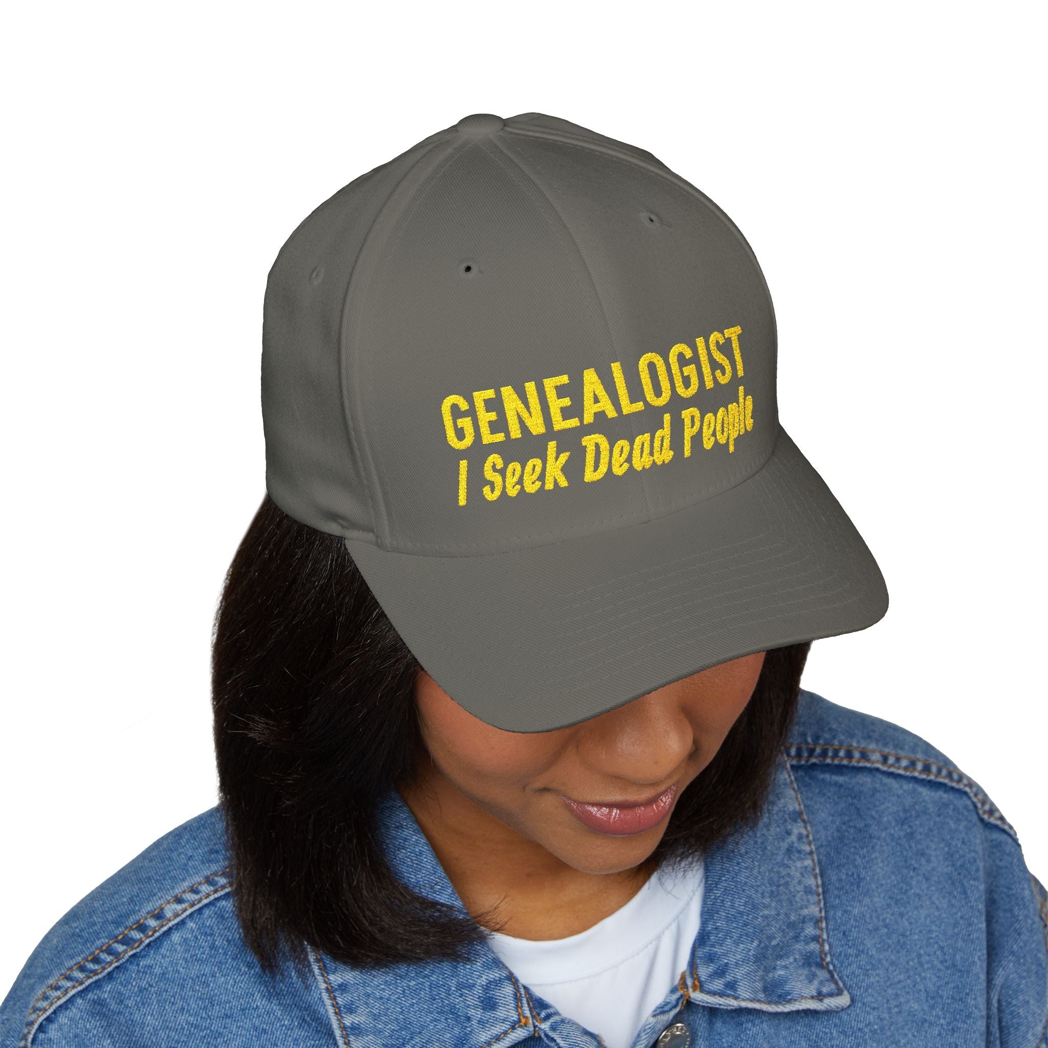 Genealogist - I Seek Dead People Embroidered Cap in Olive by Genealogy Keepsakes