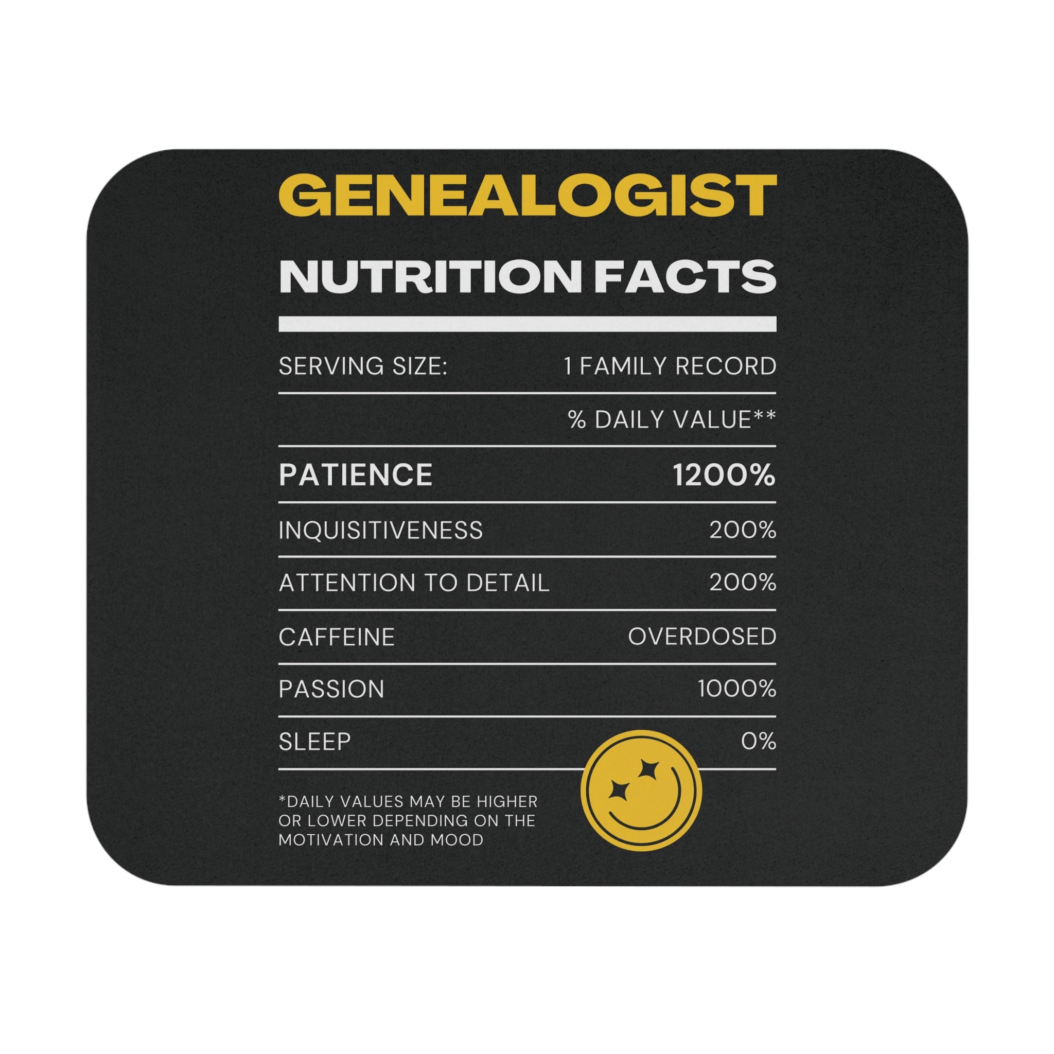 Genealogist Nutrition Facts Mouse Pad in 9" × 8" by Genealogy Keepsakes