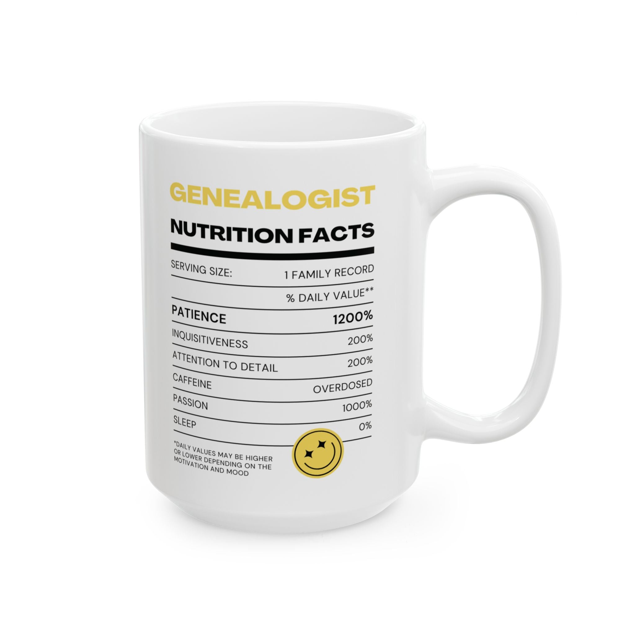 Genealogist Nutrition Facts Mug (11oz|15oz) in 15oz by Genealogy Keepsakes