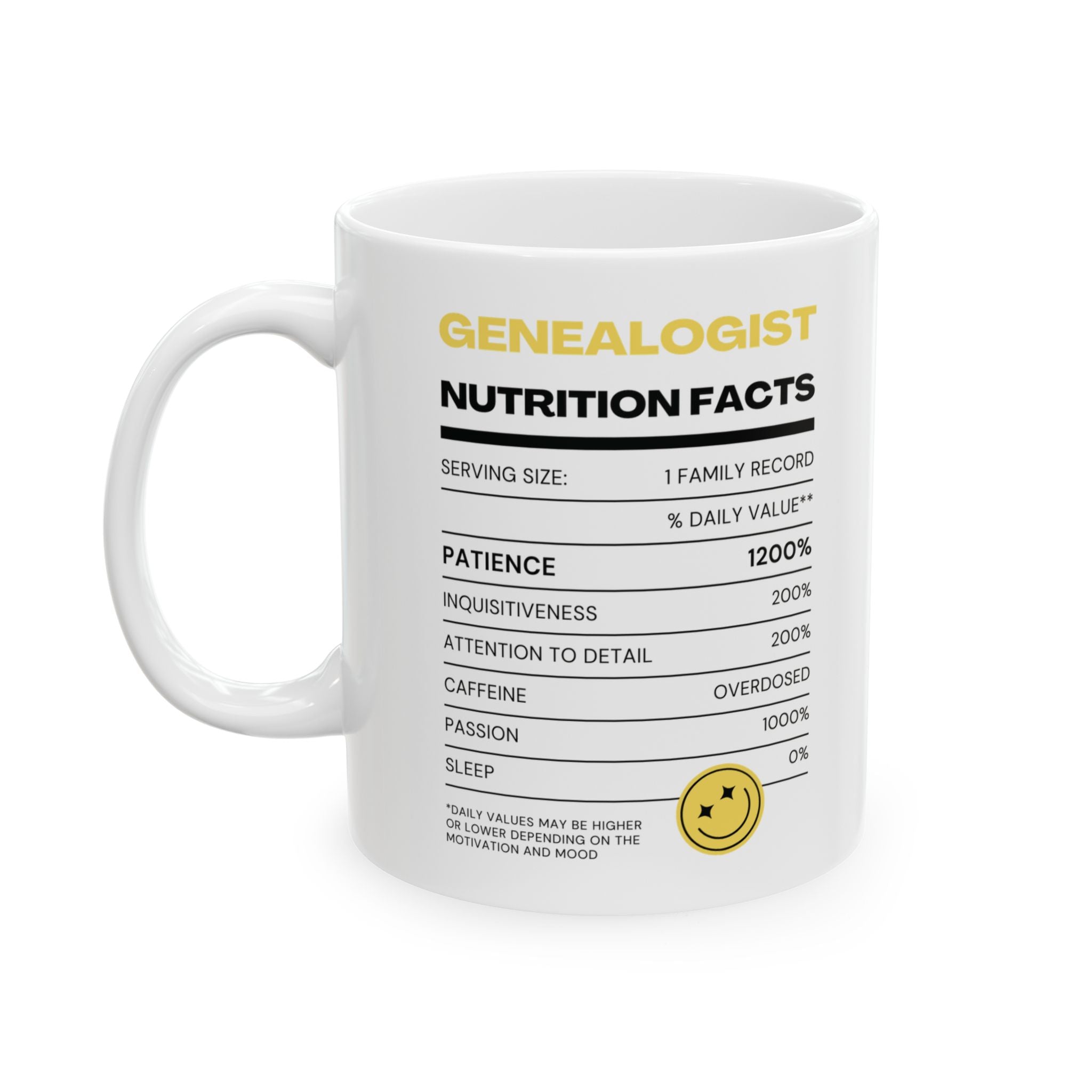 Genealogist Nutrition Facts Mug (11oz|15oz) in by Genealogy Keepsakes