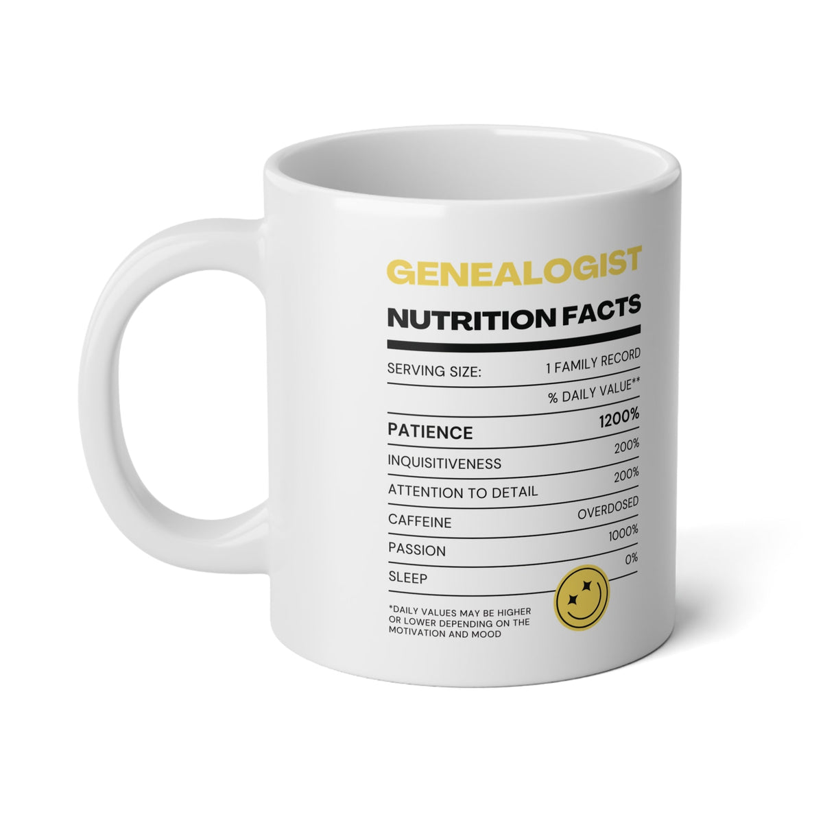 Genealogist Nutrition Facts Mug (20oz) - Genealogy Keepsakes Custom Genealogy Gift - White 20oz