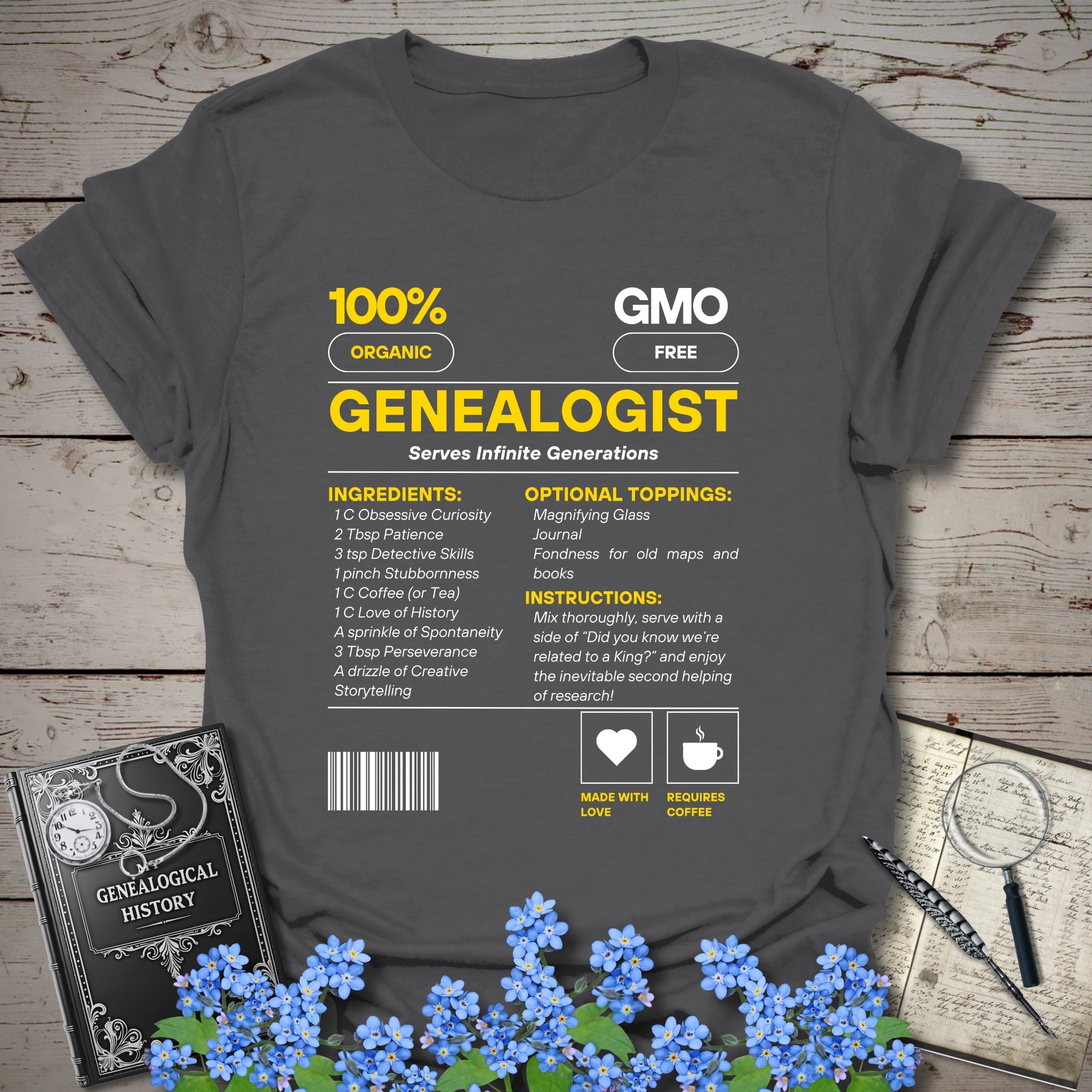 Genealogist Recipe T-Shirt in Charcoal by Genealogy Keepsakes