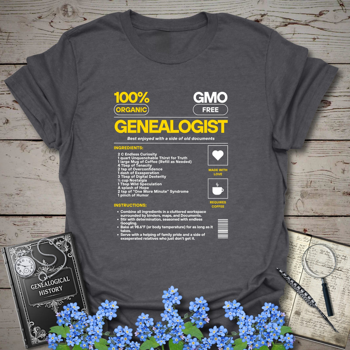 Genealogist Recipe T-Shirt - Genealogy Keepsakes Custom Genealogy Gift - Dark Heather Grey S
