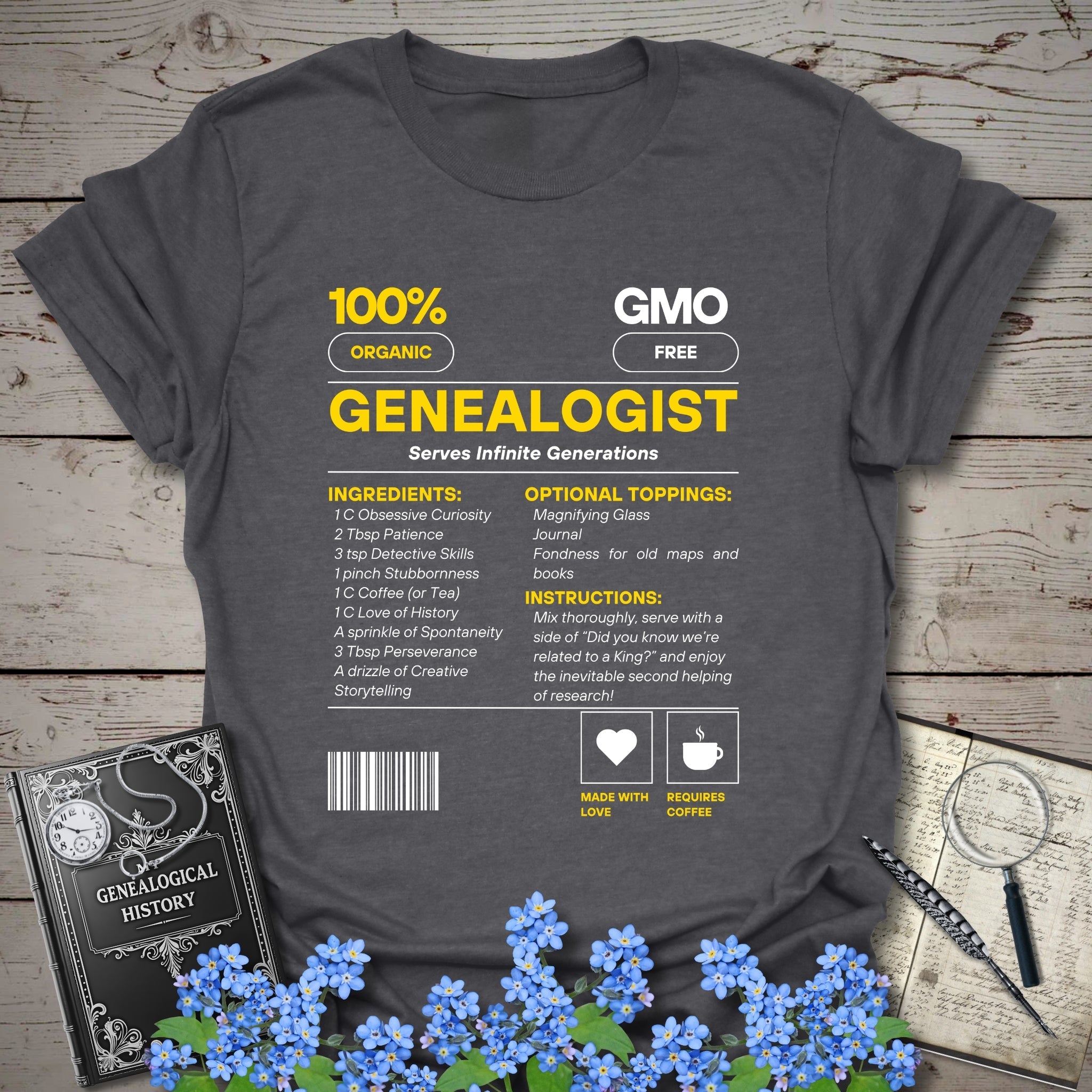 Genealogist Recipe T-Shirt in Dark Heather Grey by Genealogy Keepsakes