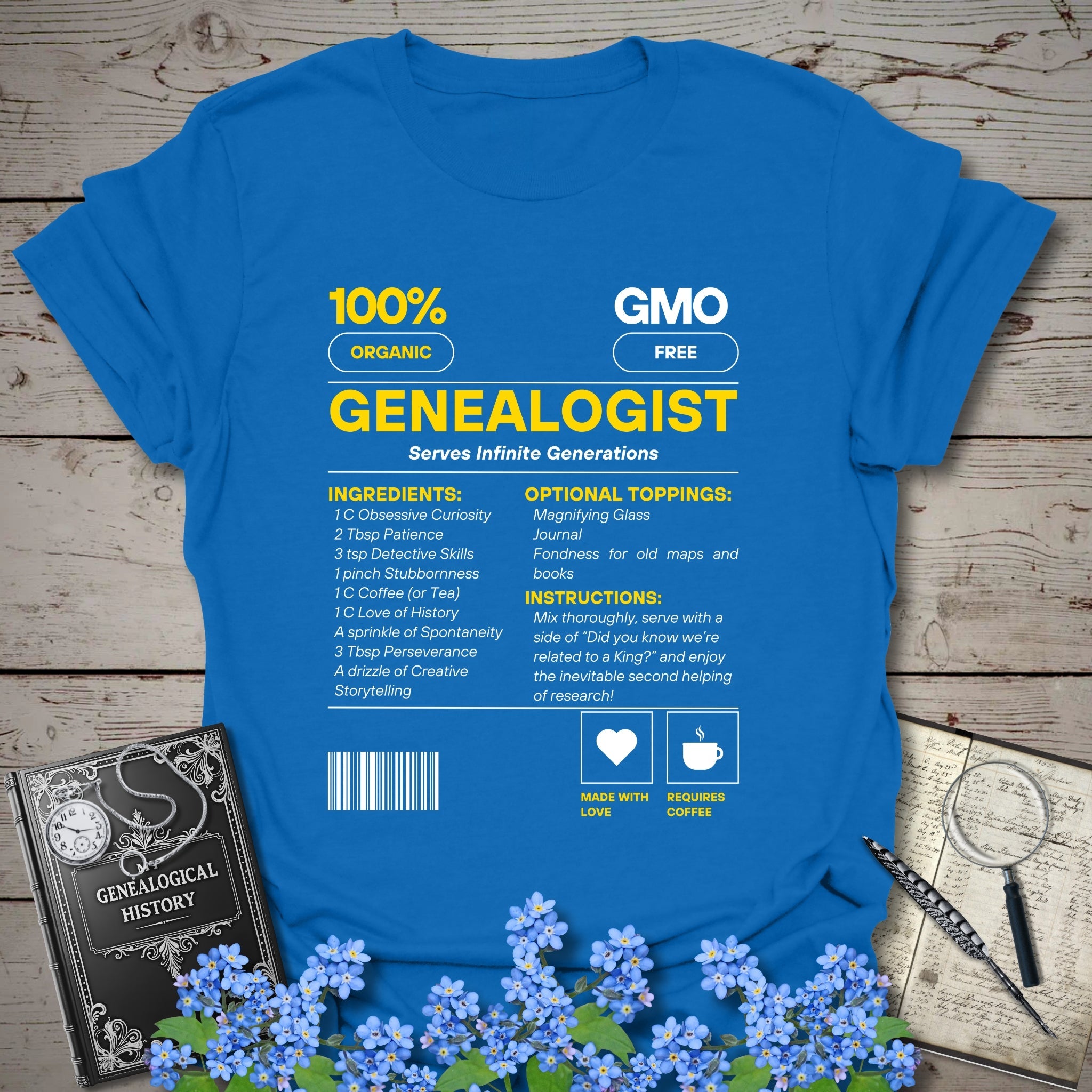 Genealogist Recipe T-Shirt in Royal by Genealogy Keepsakes