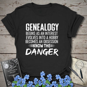 Genealogy Begins As An Interest T-Shirt in Black by Genealogy Keepsakes