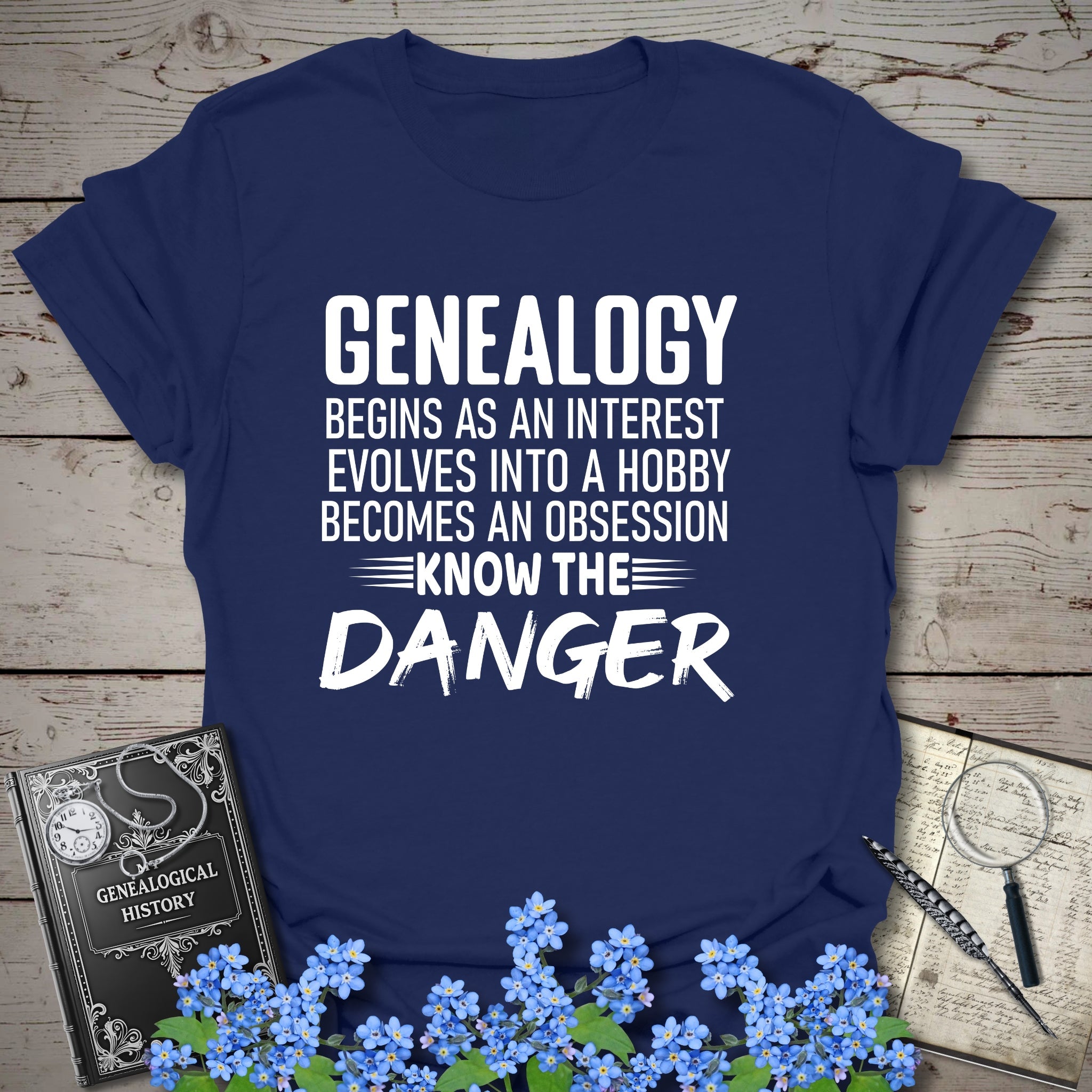 Genealogy Begins As An Interest T-Shirt in Navy by Genealogy Keepsakes