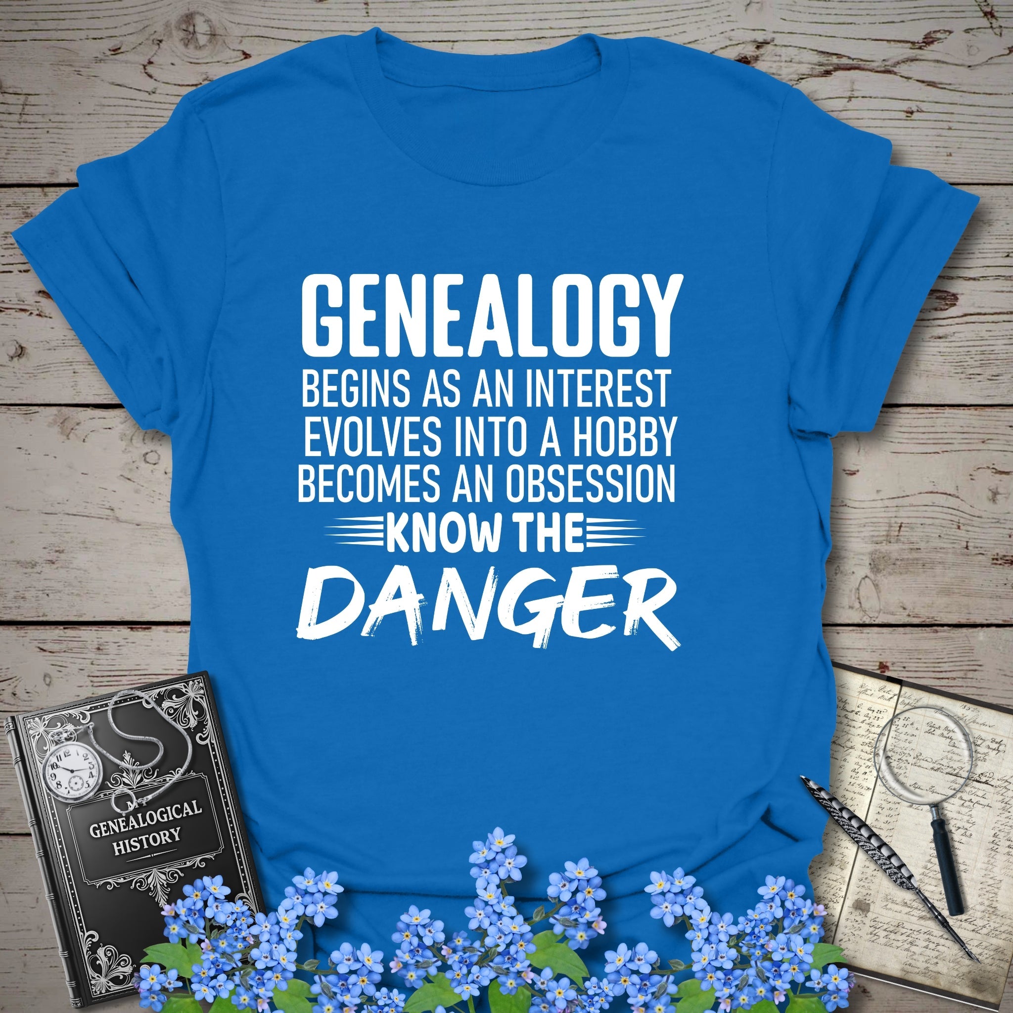 Genealogy Begins As An Interest T-Shirt in Royal by Genealogy Keepsakes