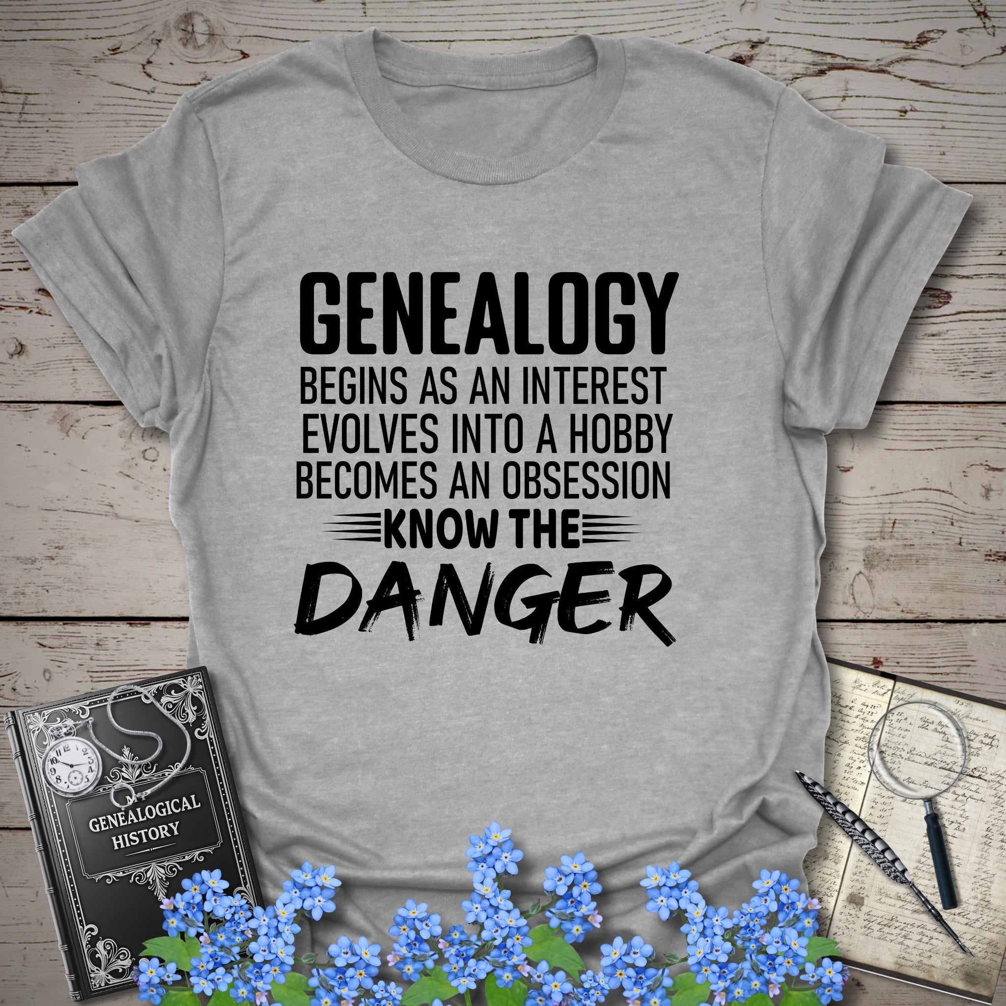 Genealogy Begins As An Interest T-Shirt in Sport Grey by Genealogy Keepsakes