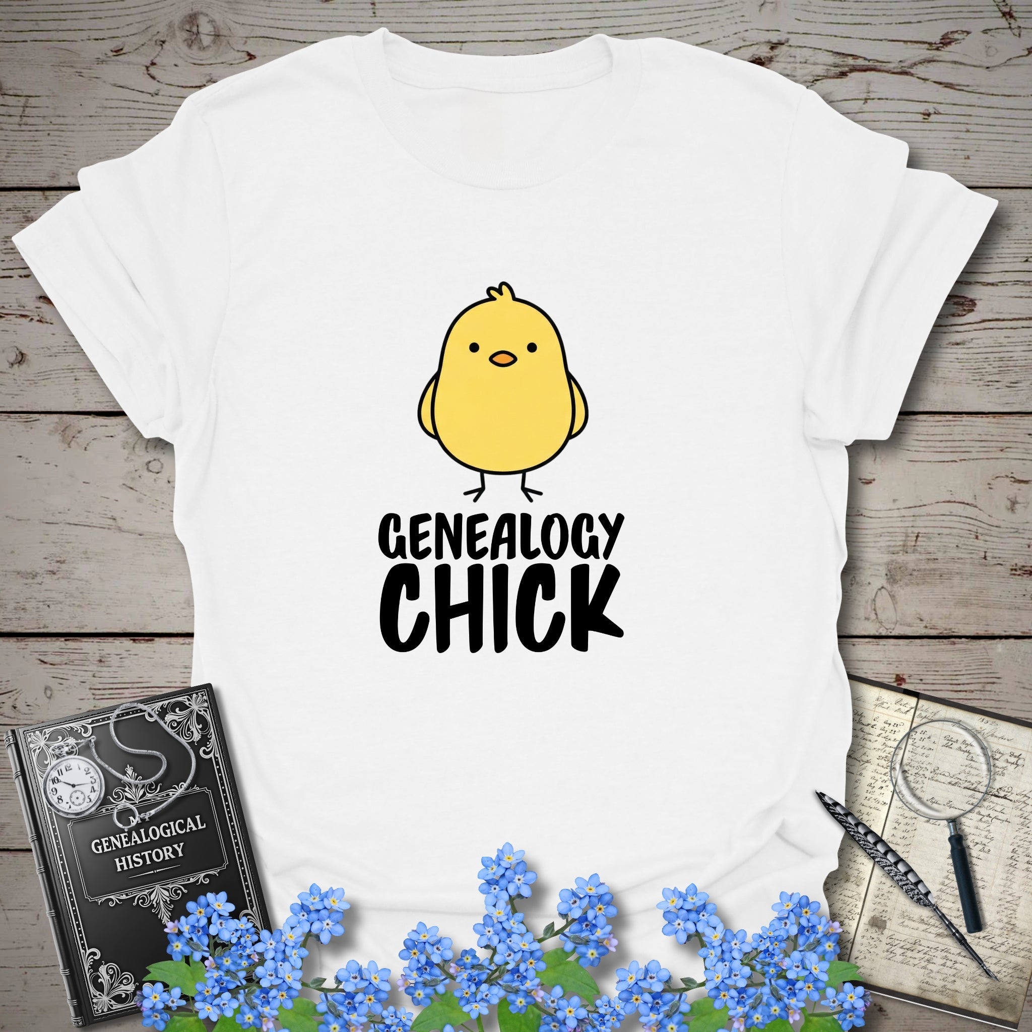 Genealogy Chick T-Shirt in White by Genealogy Keepsakes