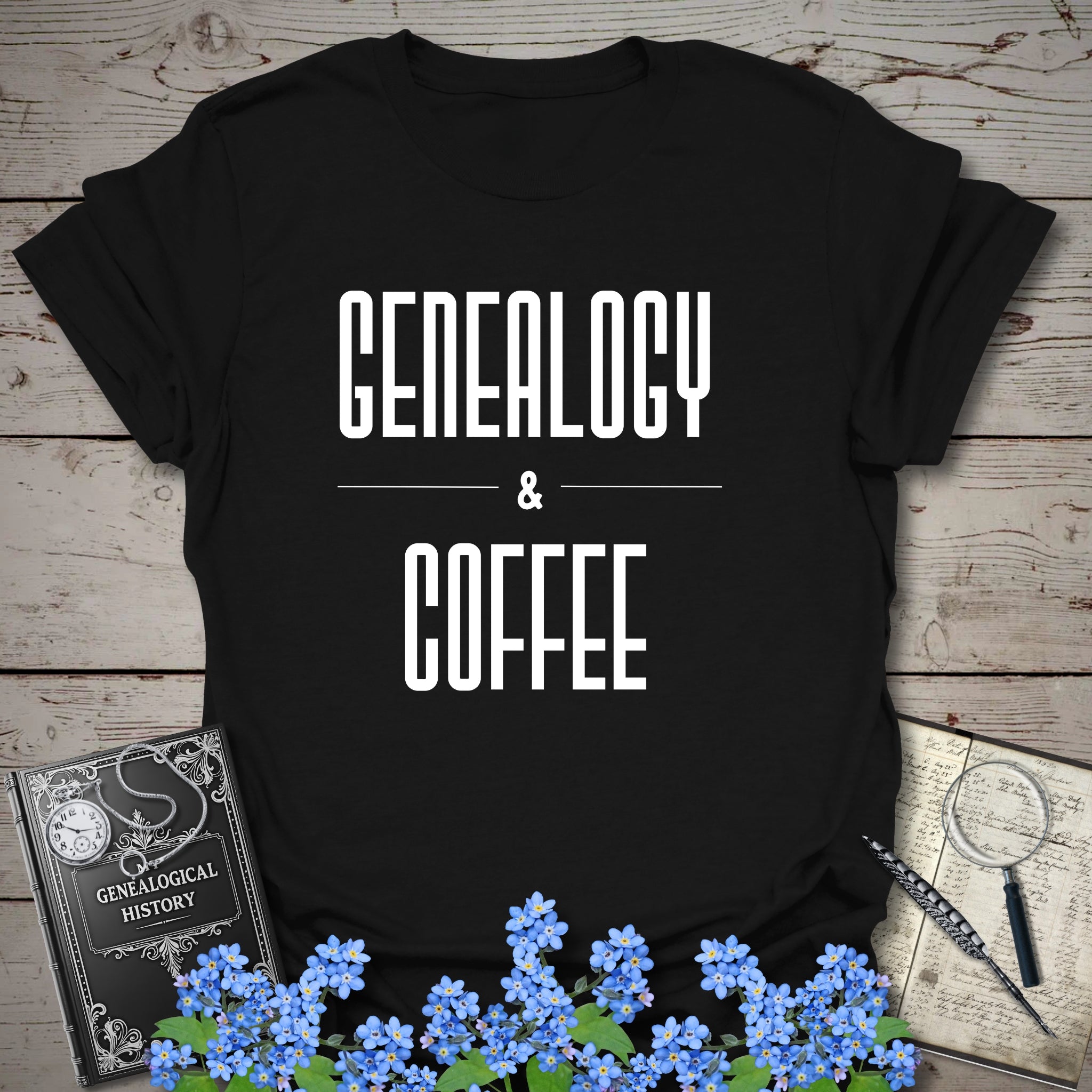 Genealogy & Coffee T-Shirt in Black by Genealogy Keepsakes