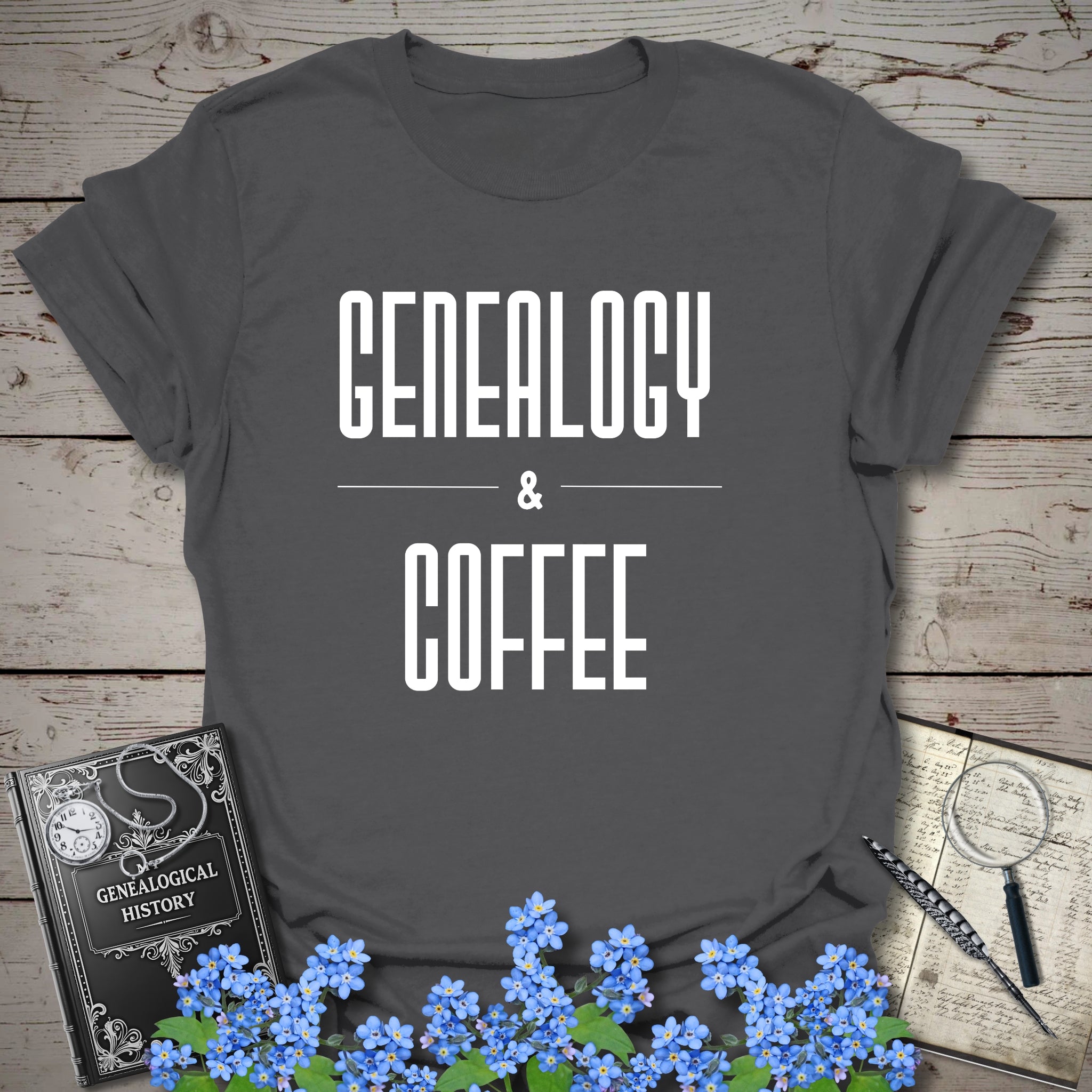 Genealogy & Coffee T-Shirt in Charcoal by Genealogy Keepsakes