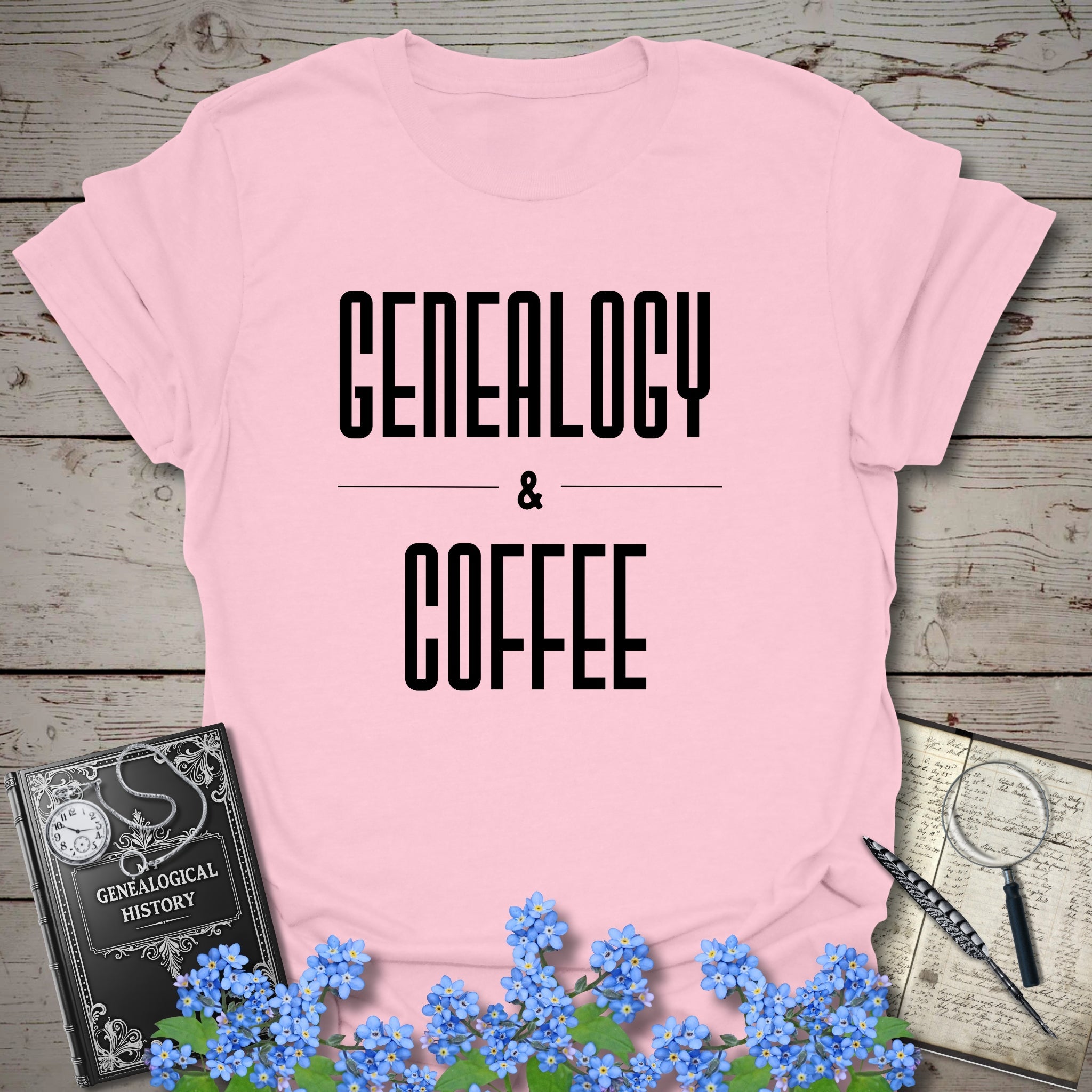 Genealogy & Coffee T-Shirt in Light Pink by Genealogy Keepsakes