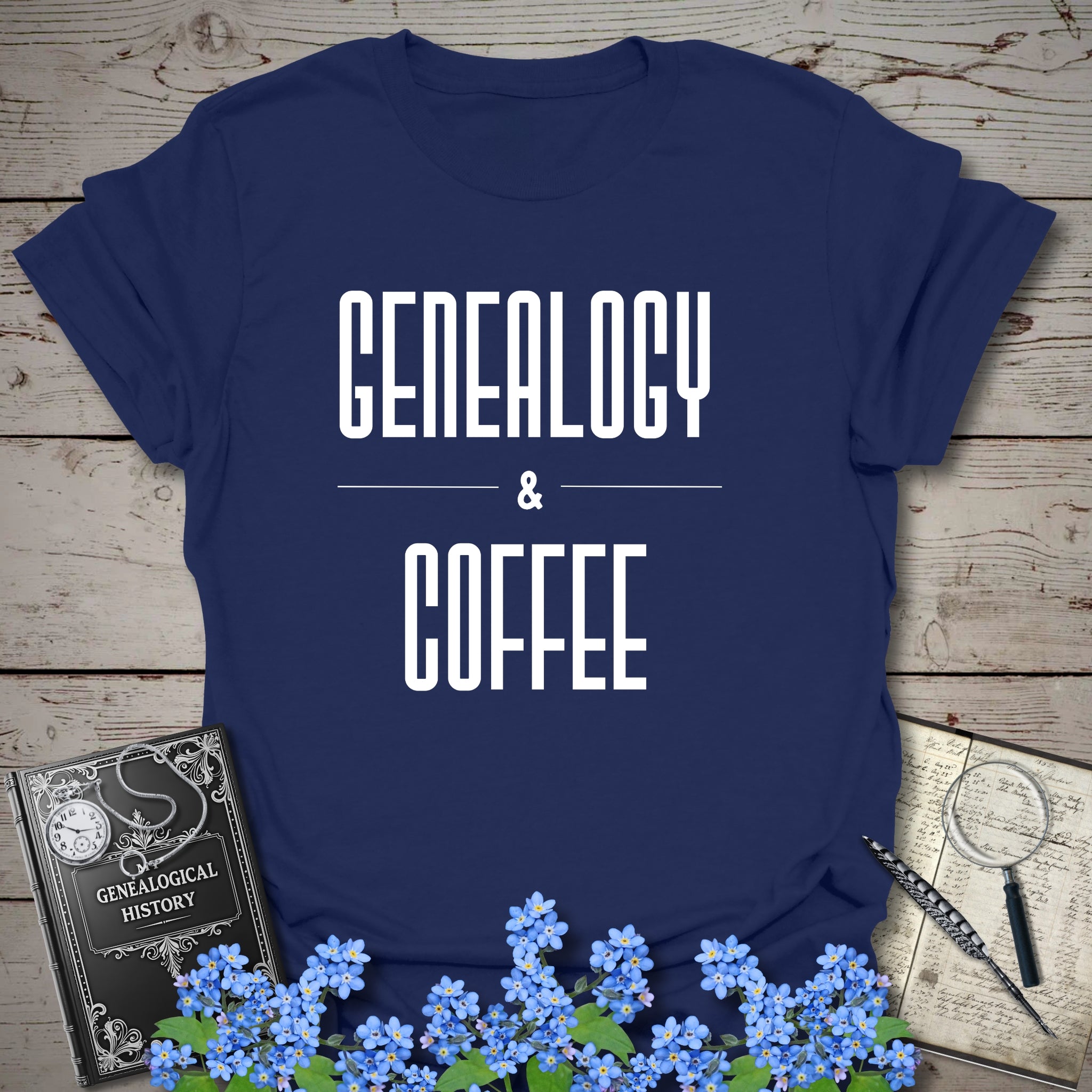 Genealogy & Coffee T-Shirt in Navy by Genealogy Keepsakes