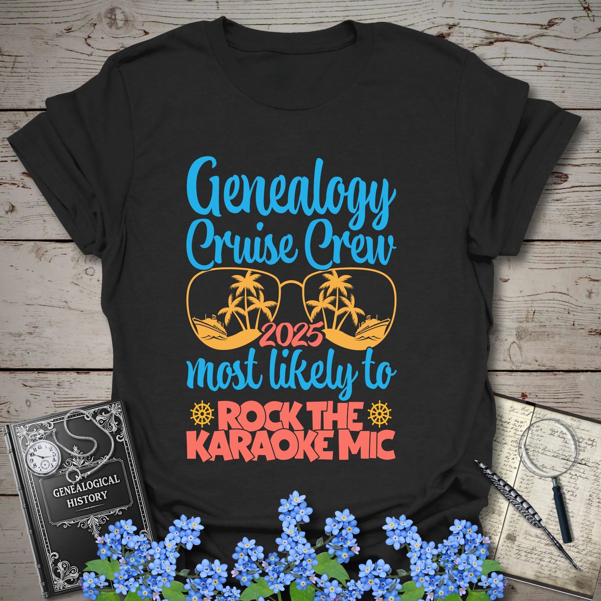 Genealogy Cruise Crew – Most Likely To Rock The Karaoke Mic T-Shirt in Black by Genealogy Keepsakes
