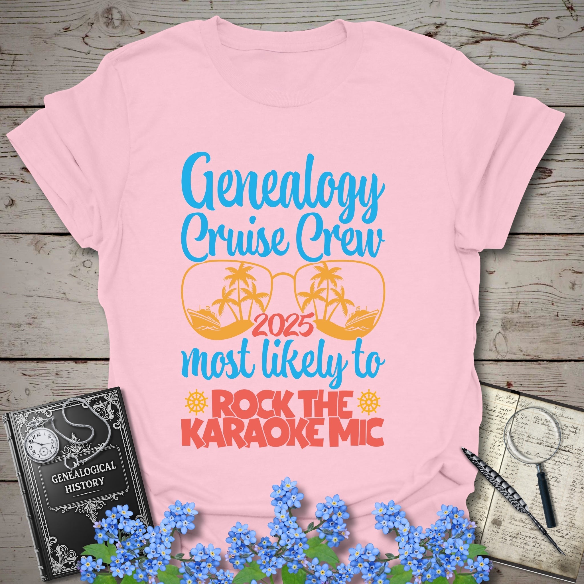 Genealogy Cruise Crew – Most Likely To Rock The Karaoke Mic T-Shirt in Light Pink by Genealogy Keepsakes