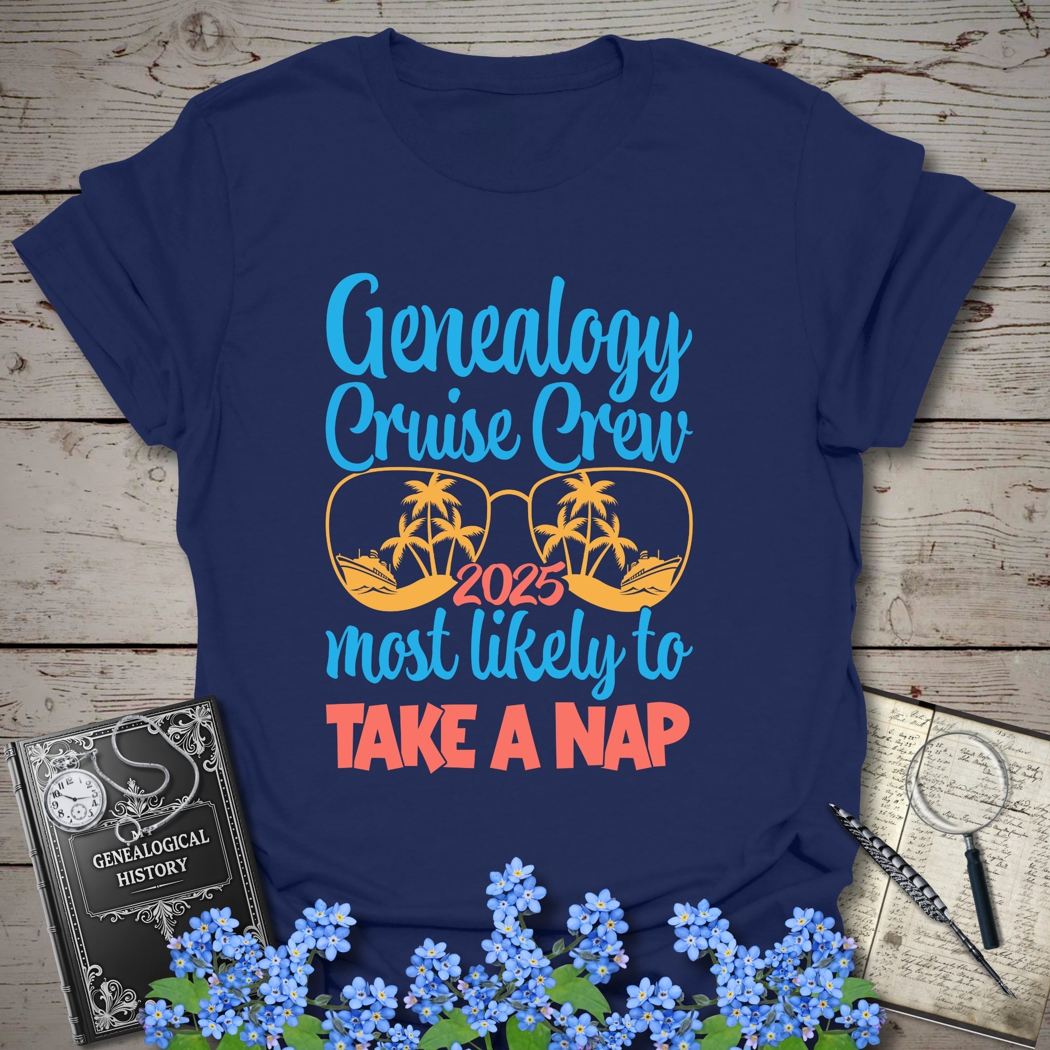 Genealogy Cruise Crew – Most Likely To Take A Nap T-Shirt in Navy by Genealogy Keepsakes