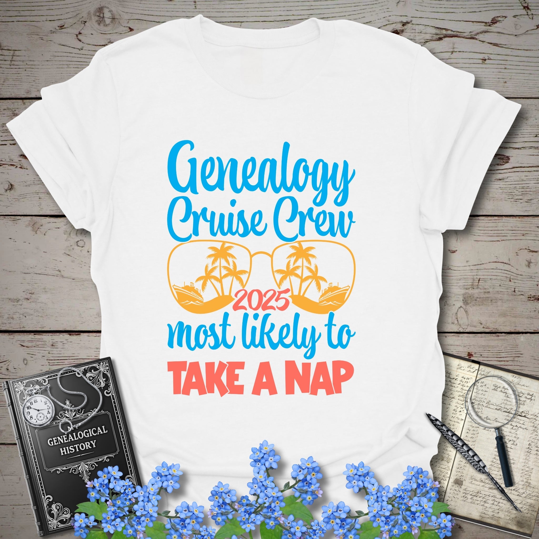 Genealogy Cruise Crew – Most Likely To Take A Nap T-Shirt in White by Genealogy Keepsakes