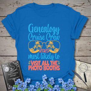 Genealogy Cruise Crew – Most Likely To Visit All The Photo Booths T-Shirt in Royal by Genealogy Keepsakes