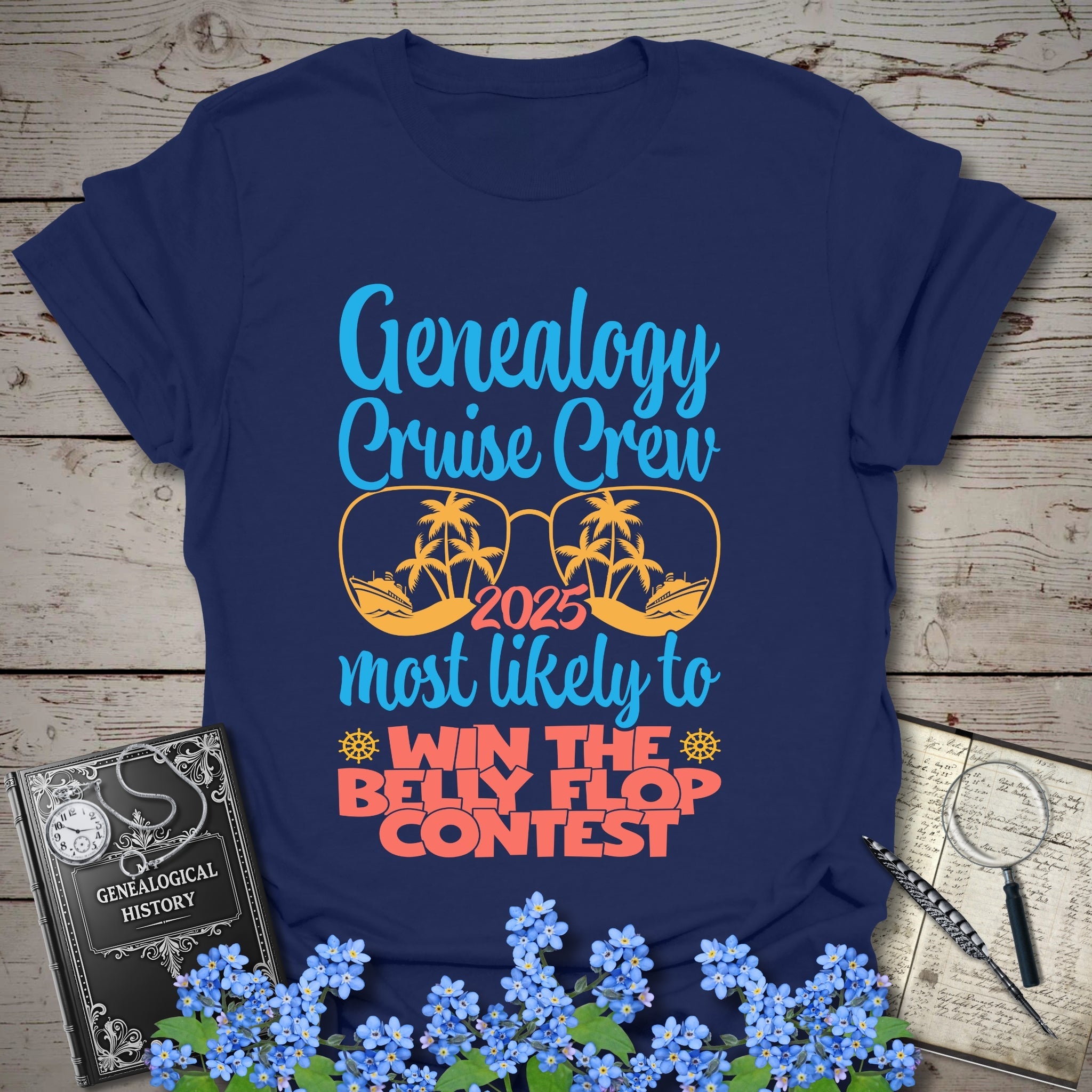 Genealogy Cruise Crew – Most Likely To Win The Belly Flop Contest T-Shirt in Navy by Genealogy Keepsakes