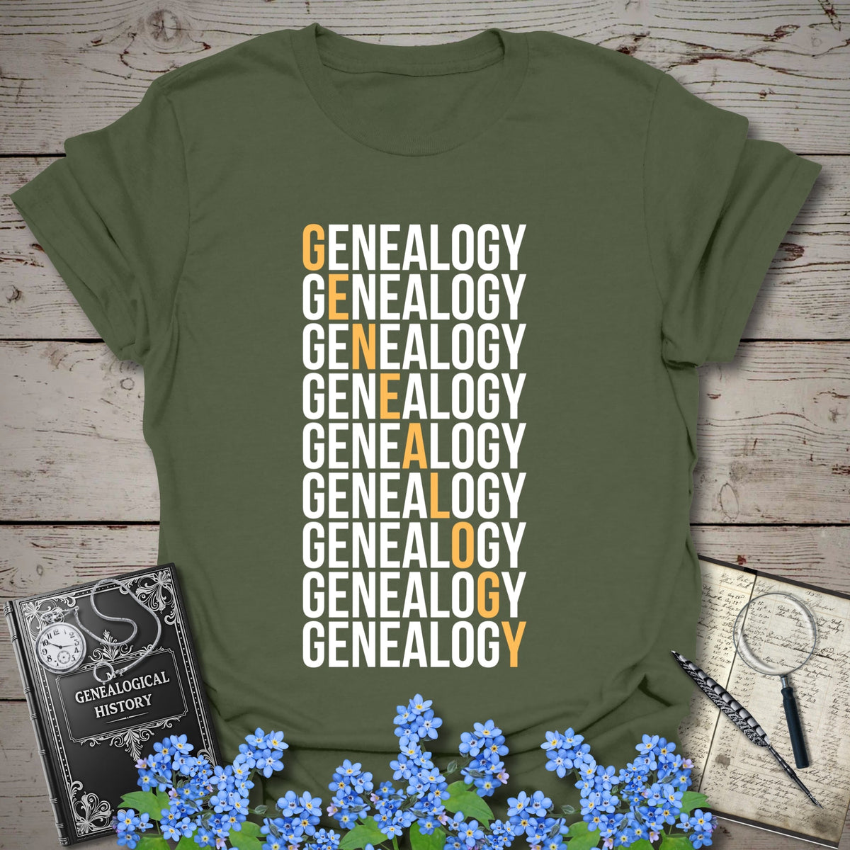 Genealogy Descent T-Shirt - Genealogy Keepsakes Custom Genealogy Gift - Military Green S