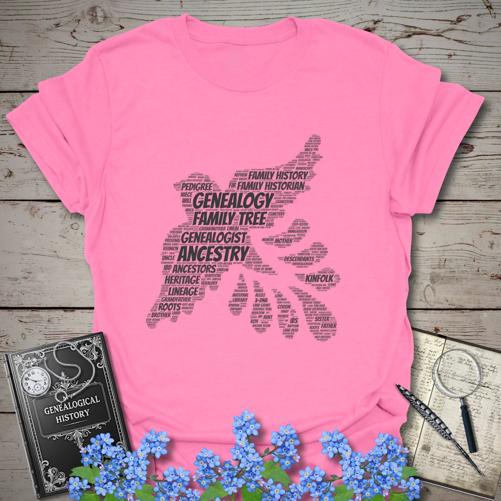 Genealogy Dove Word Cloud T-Shirt in Azalea by Genealogy Keepsakes
