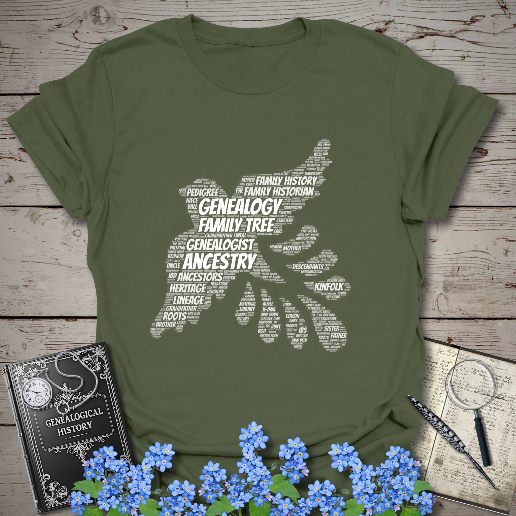 Genealogy Dove Word Cloud T-Shirt in Military Green by Genealogy Keepsakes