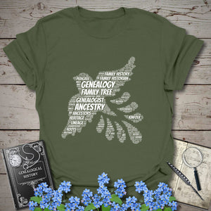 Genealogy Dove Word Cloud T-Shirt in Military Green by Genealogy Keepsakes