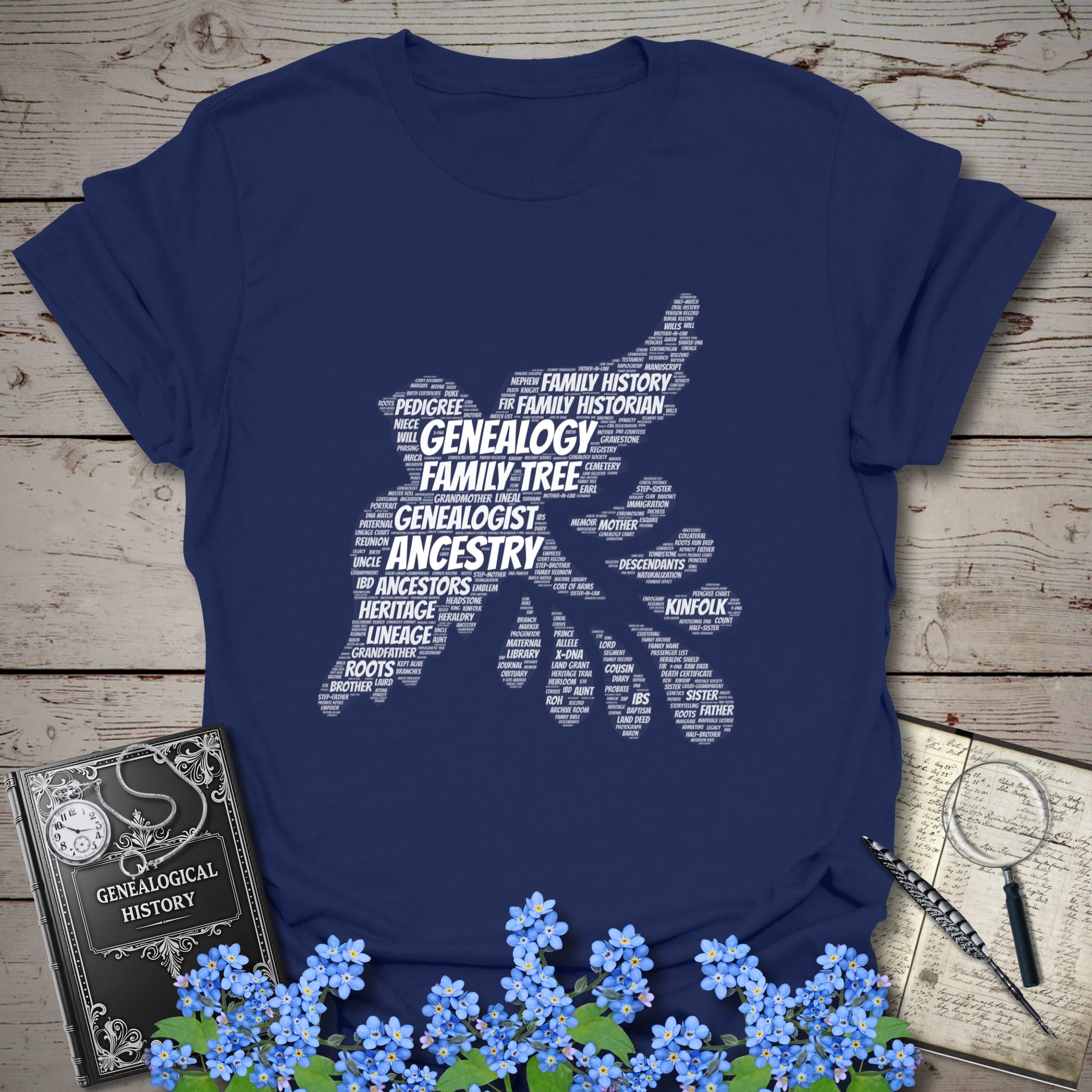 Genealogy Dove Word Cloud T-Shirt in Navy by Genealogy Keepsakes