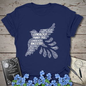 Genealogy Dove Word Cloud T-Shirt in Navy by Genealogy Keepsakes