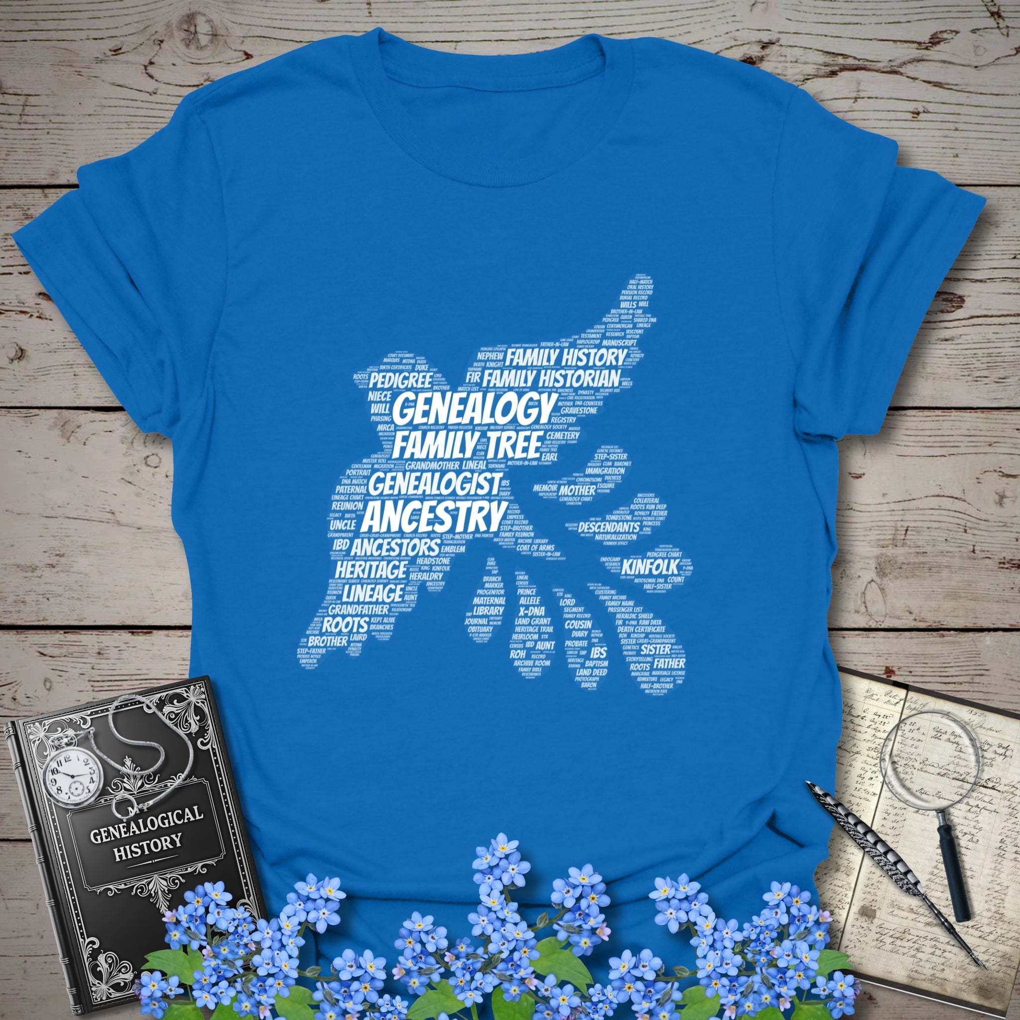 Genealogy Dove Word Cloud T-Shirt in Royal by Genealogy Keepsakes