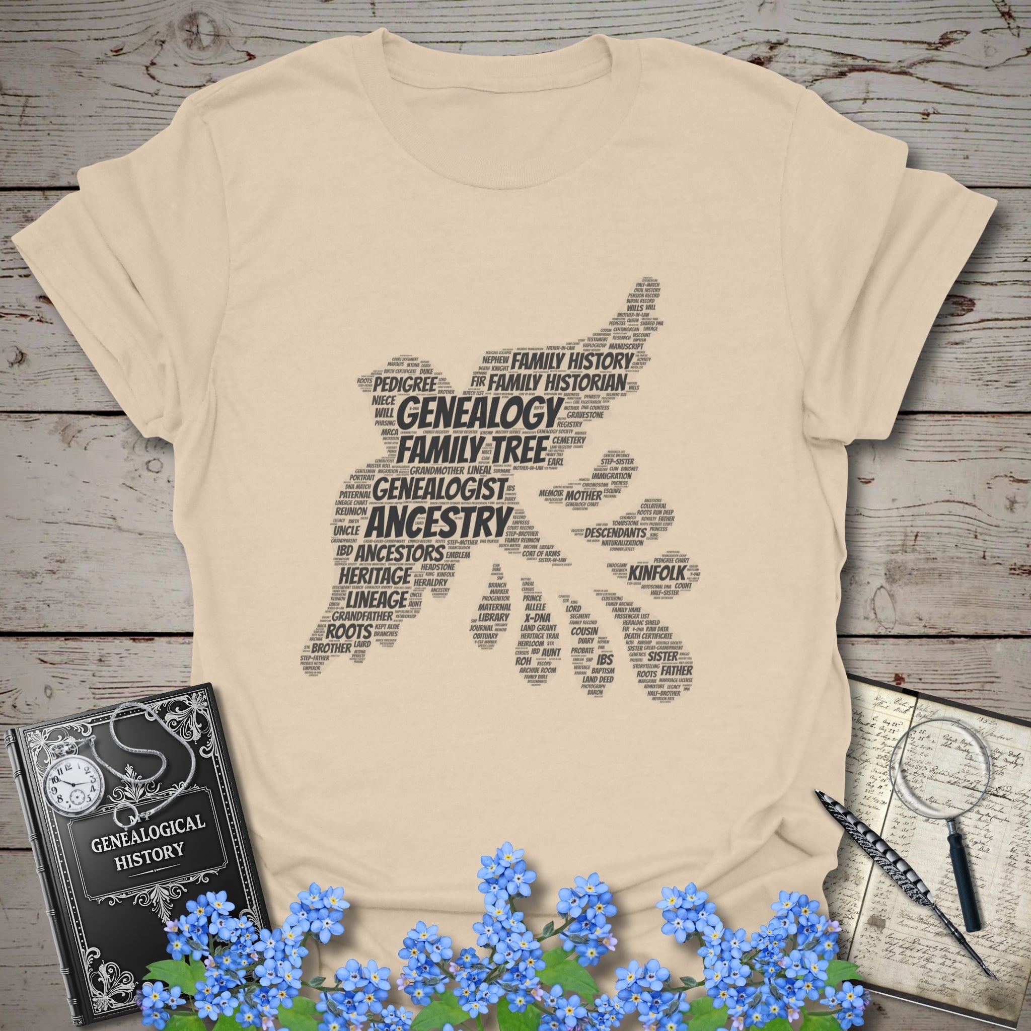 Genealogy Dove Word Cloud T-Shirt in Sand by Genealogy Keepsakes
