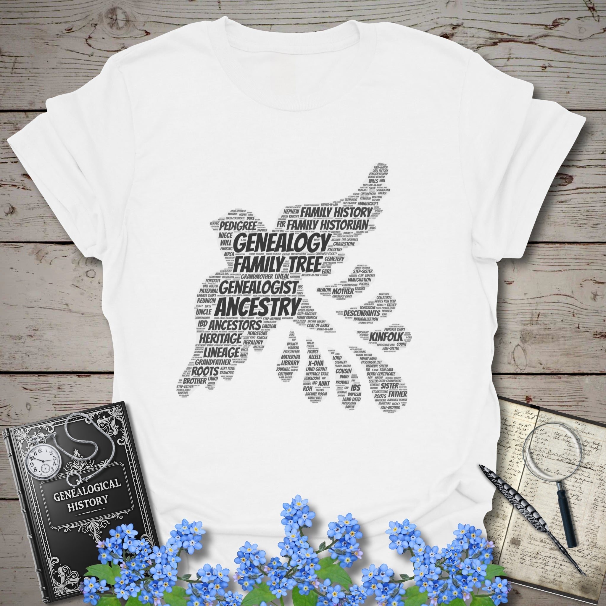 Genealogy Dove Word Cloud T-Shirt in White by Genealogy Keepsakes