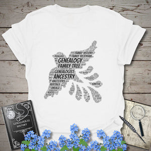 Genealogy Dove Word Cloud T-Shirt in White by Genealogy Keepsakes