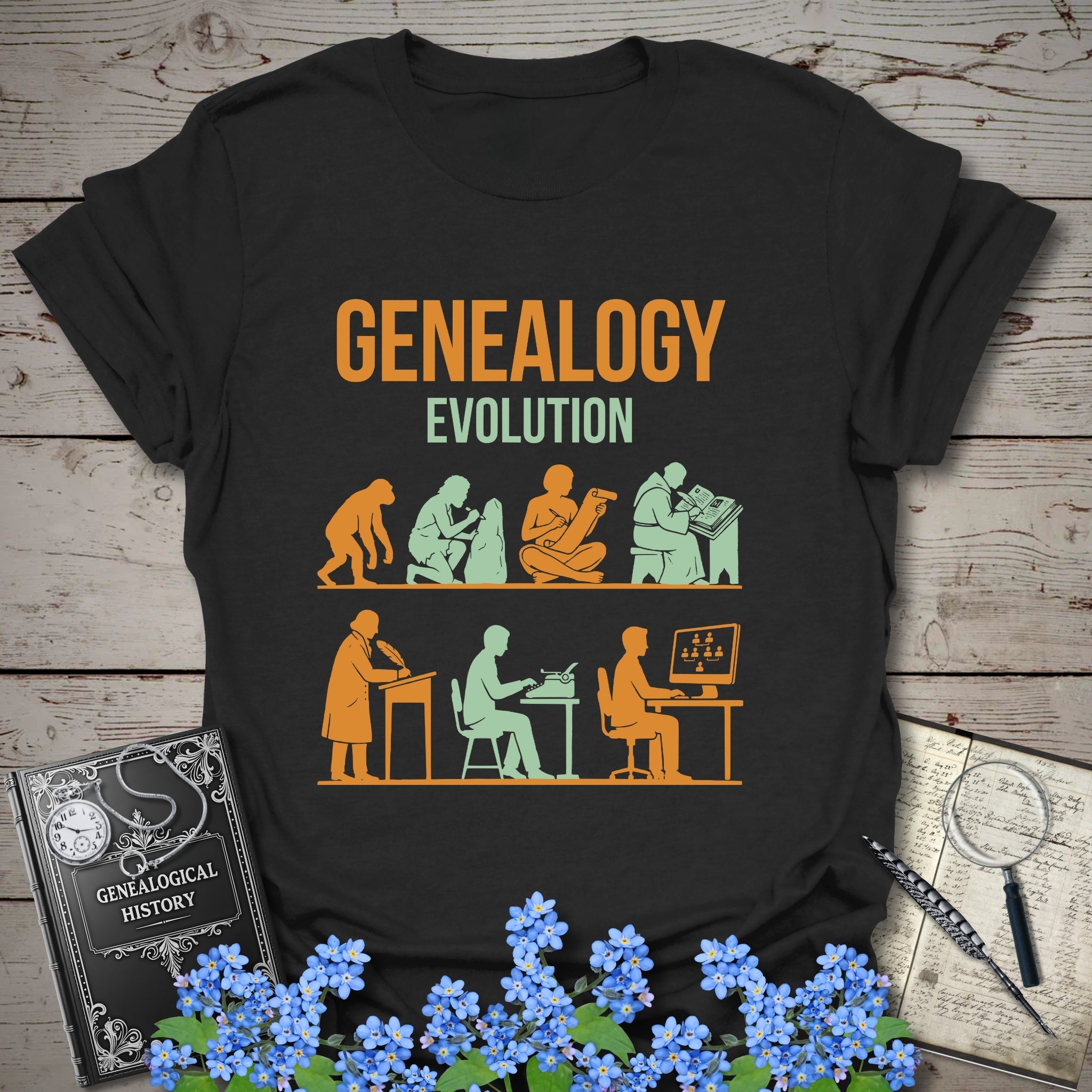 Genealogy Evolution - Classic Edition T-Shirt in Black by Genealogy Keepsakes