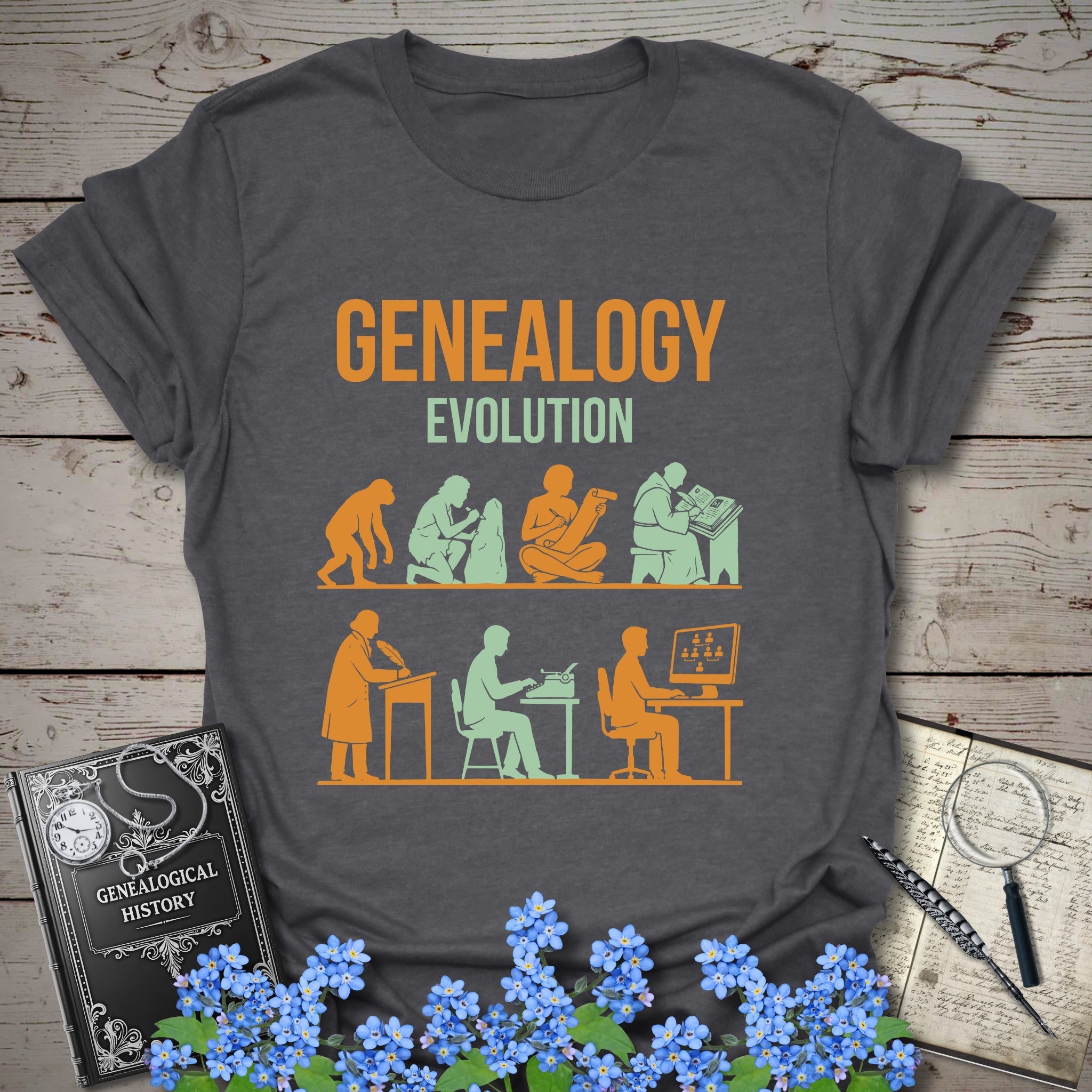 Genealogy Evolution - Classic Edition T-Shirt in Dark Heather Grey by Genealogy Keepsakes