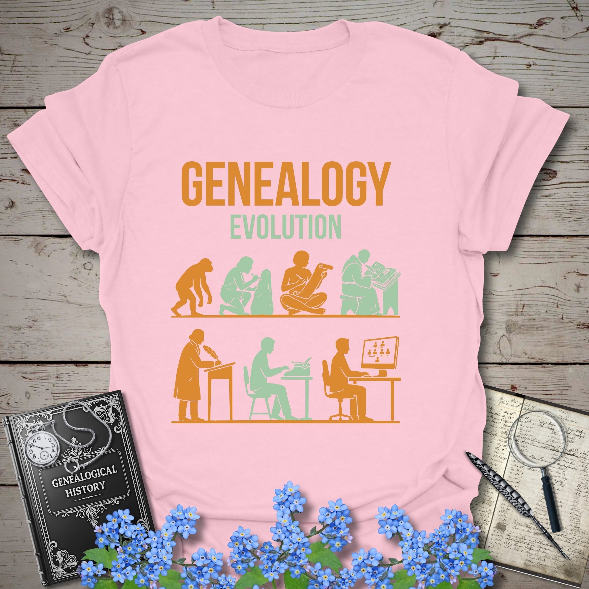 Genealogy Evolution - Classic Edition T-Shirt in Light Pink by Genealogy Keepsakes