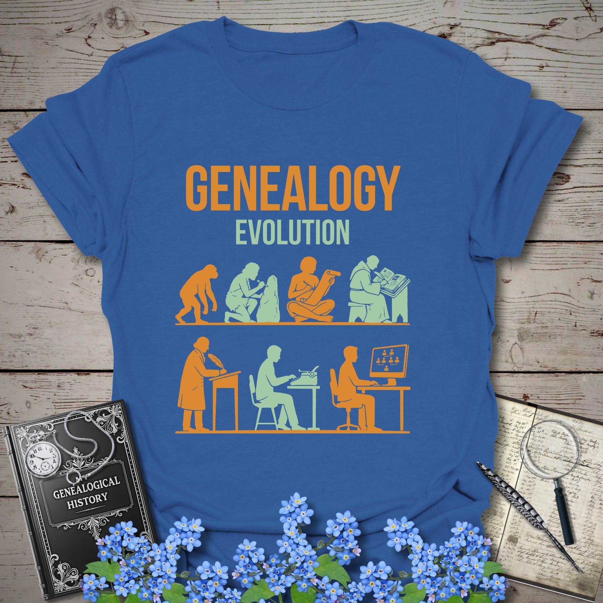 Genealogy Evolution - Classic Edition T-Shirt in Royal by Genealogy Keepsakes