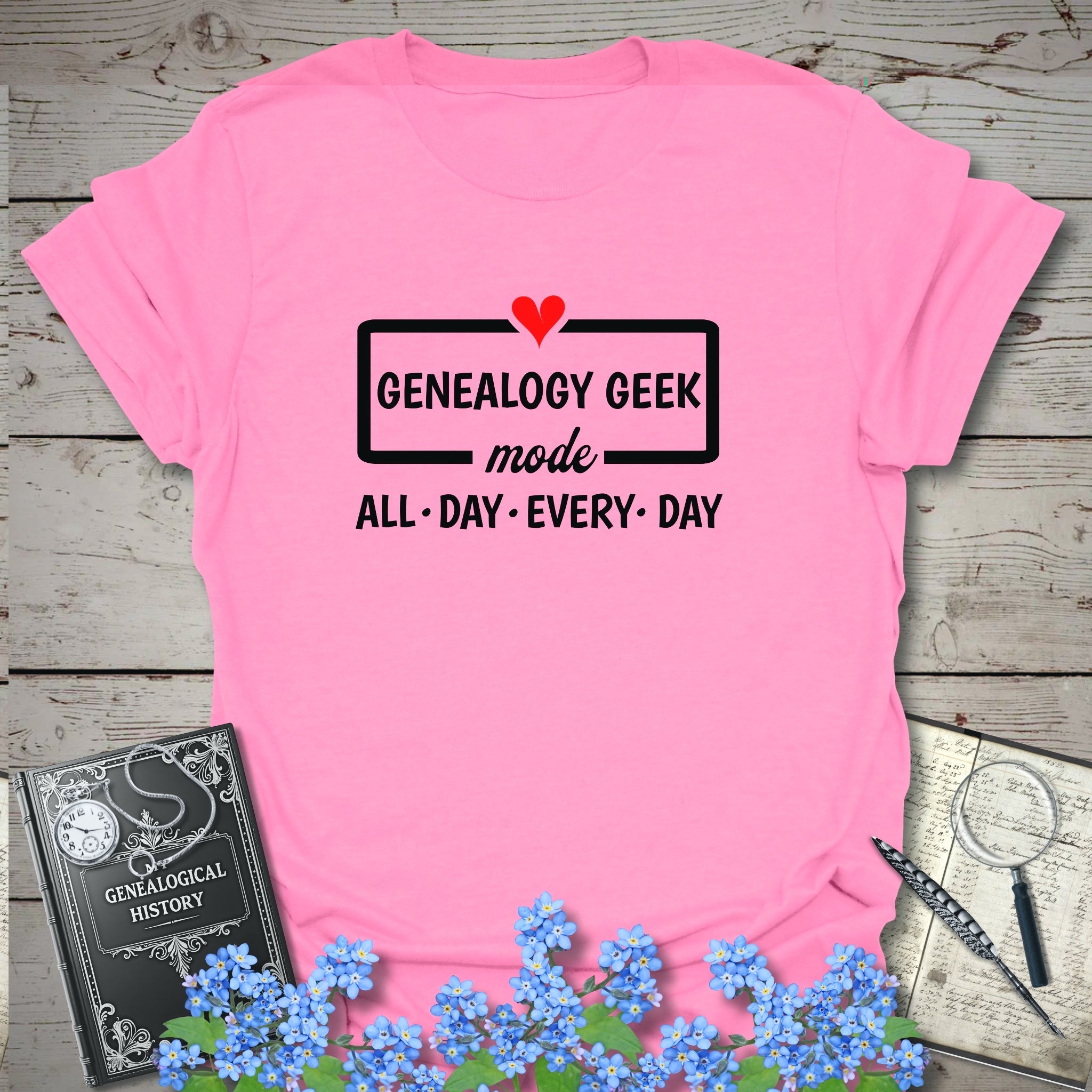 Genealogy Geek Mode T-Shirt in Azalea by Genealogy Keepsakes
