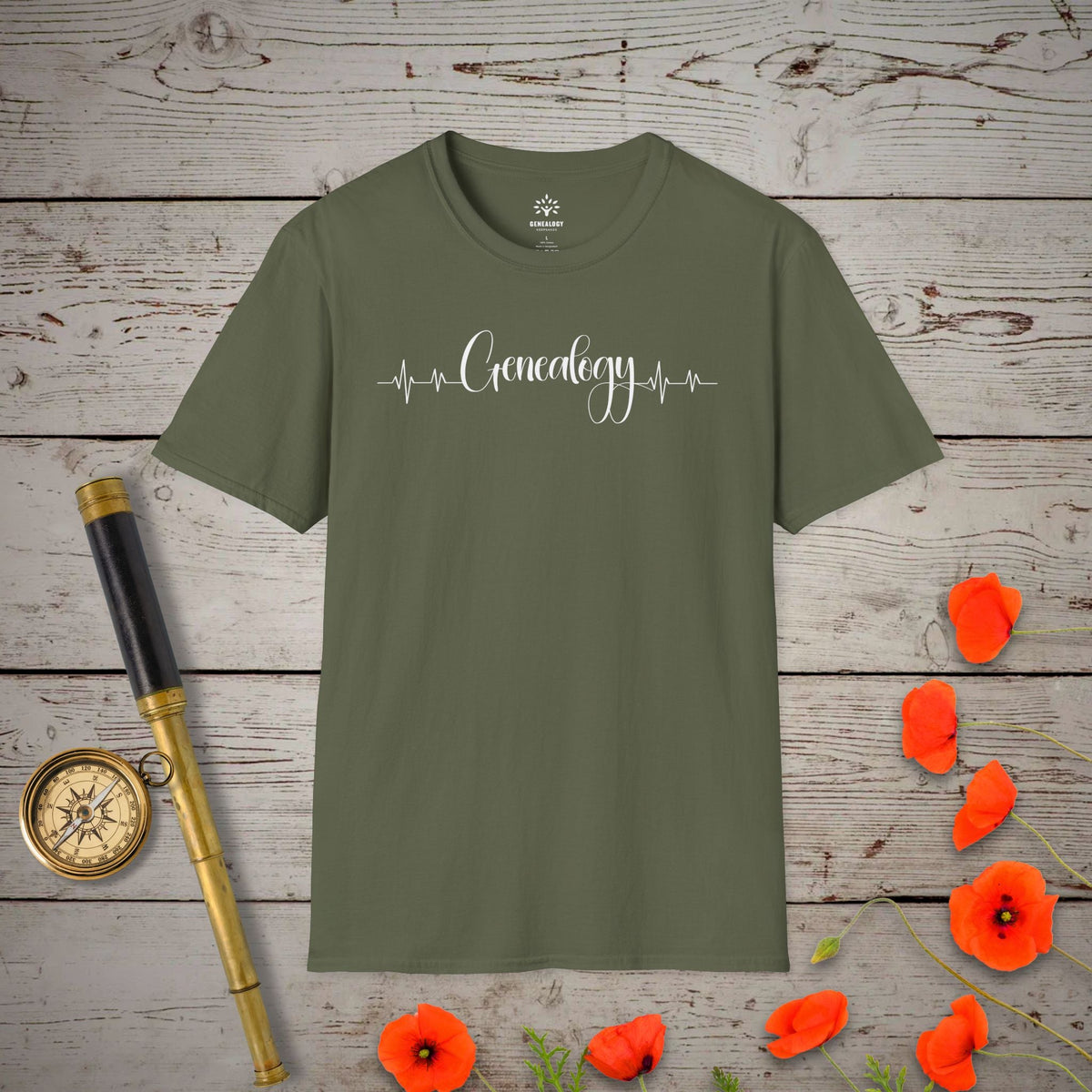Genealogy Heartbeat T-Shirt - Genealogy Keepsakes Custom Genealogy Gift - Military Green S