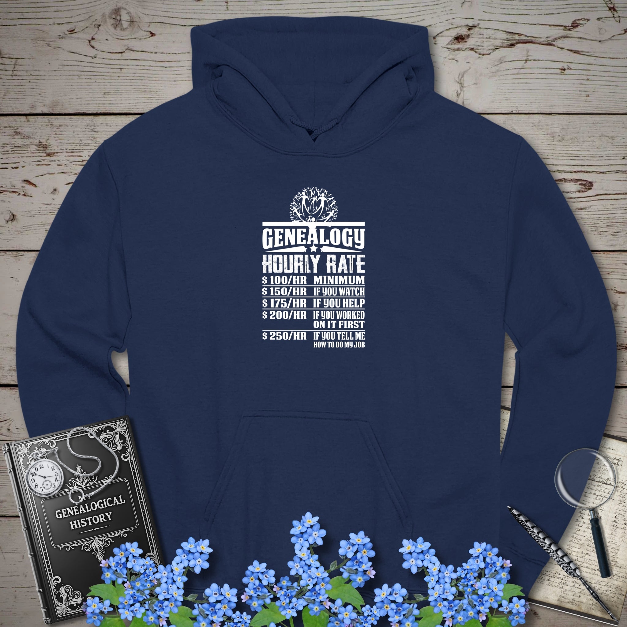 Genealogy Hourly Rate Hoodie in Navy by Genealogy Keepsakes