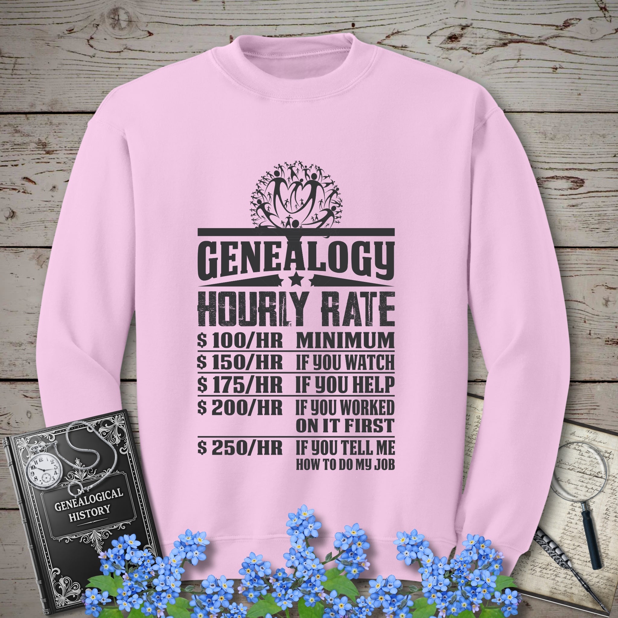 Genealogy Hourly Rate Sweatshirt in Light Pink by Genealogy Keepsakes
