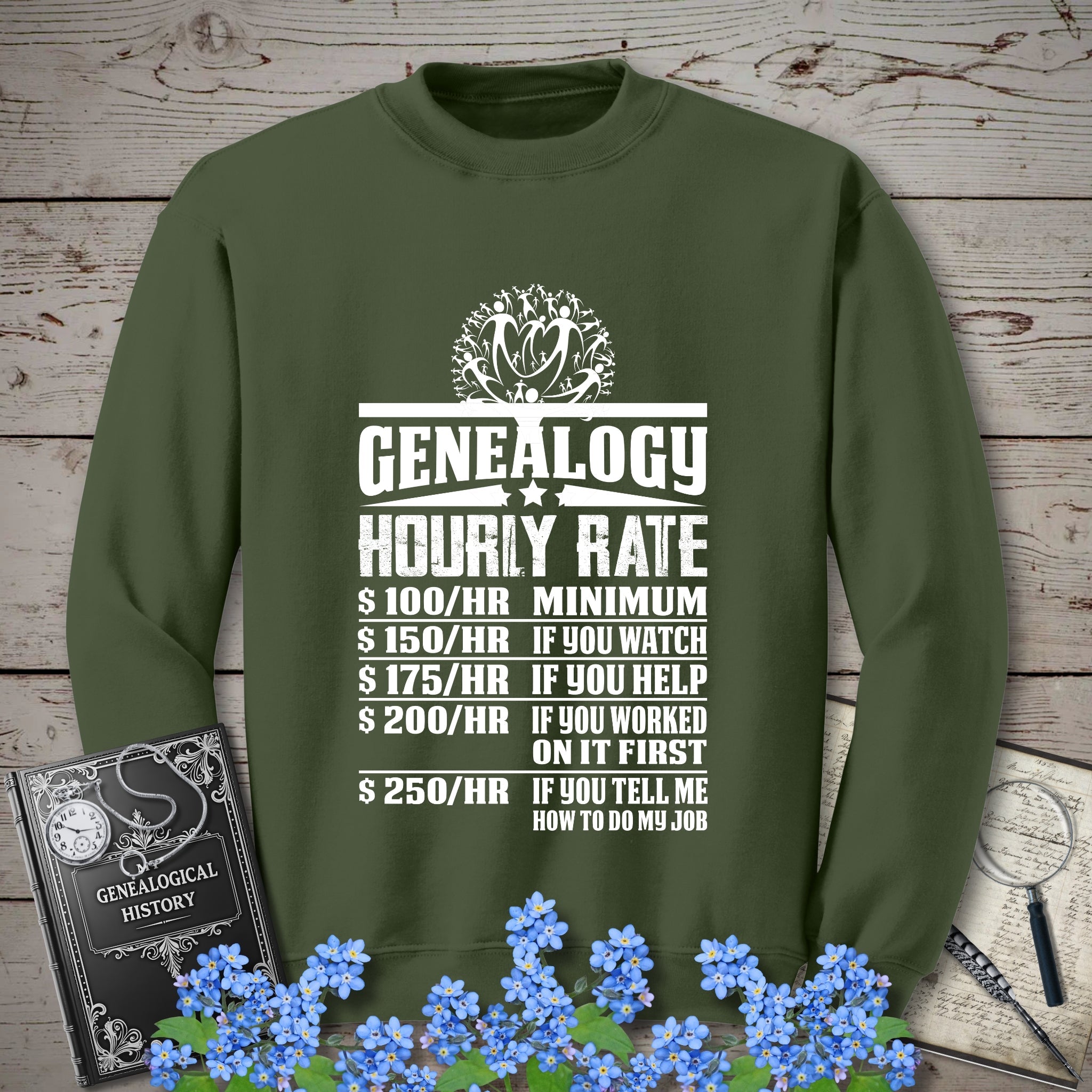 Genealogy Hourly Rate Sweatshirt in Military Green by Genealogy Keepsakes