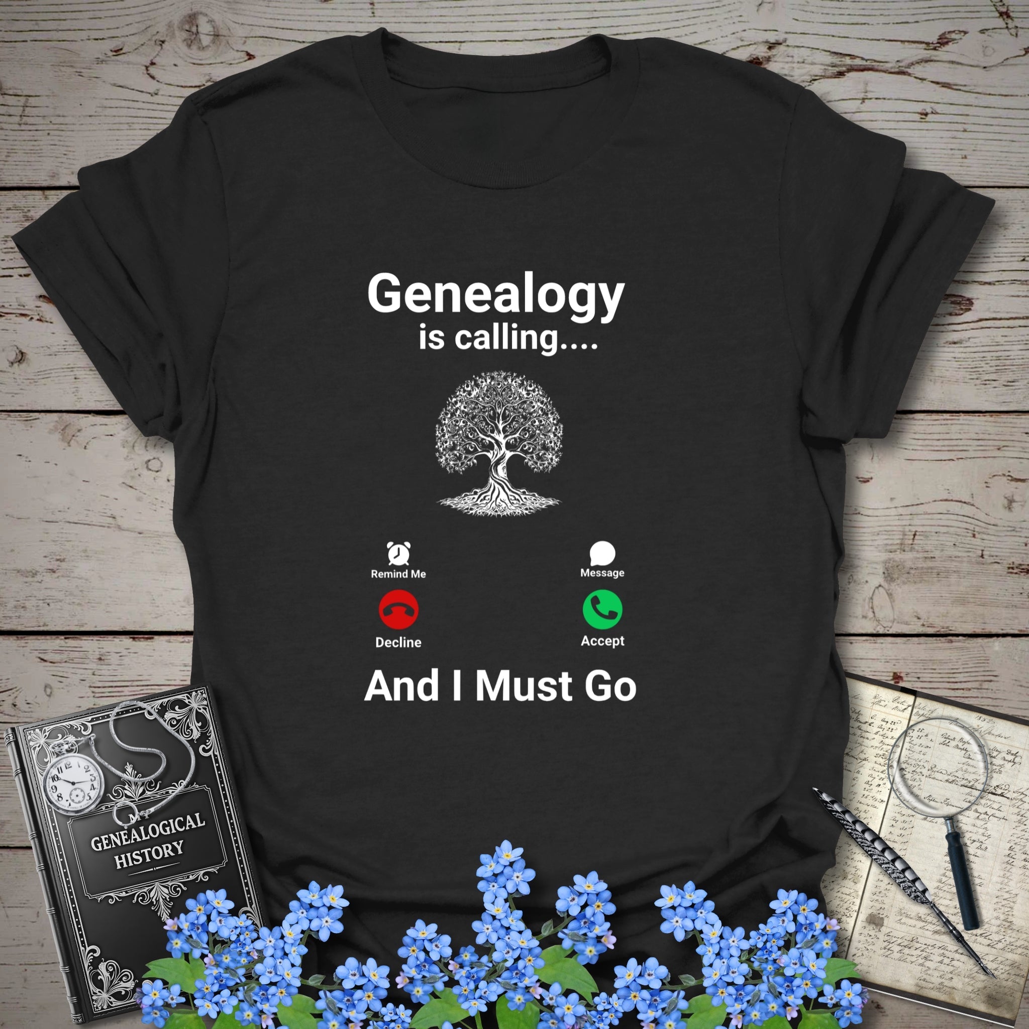 Genealogy Is Calling … And I Must Go T-Shirt in Black by Genealogy Keepsakes
