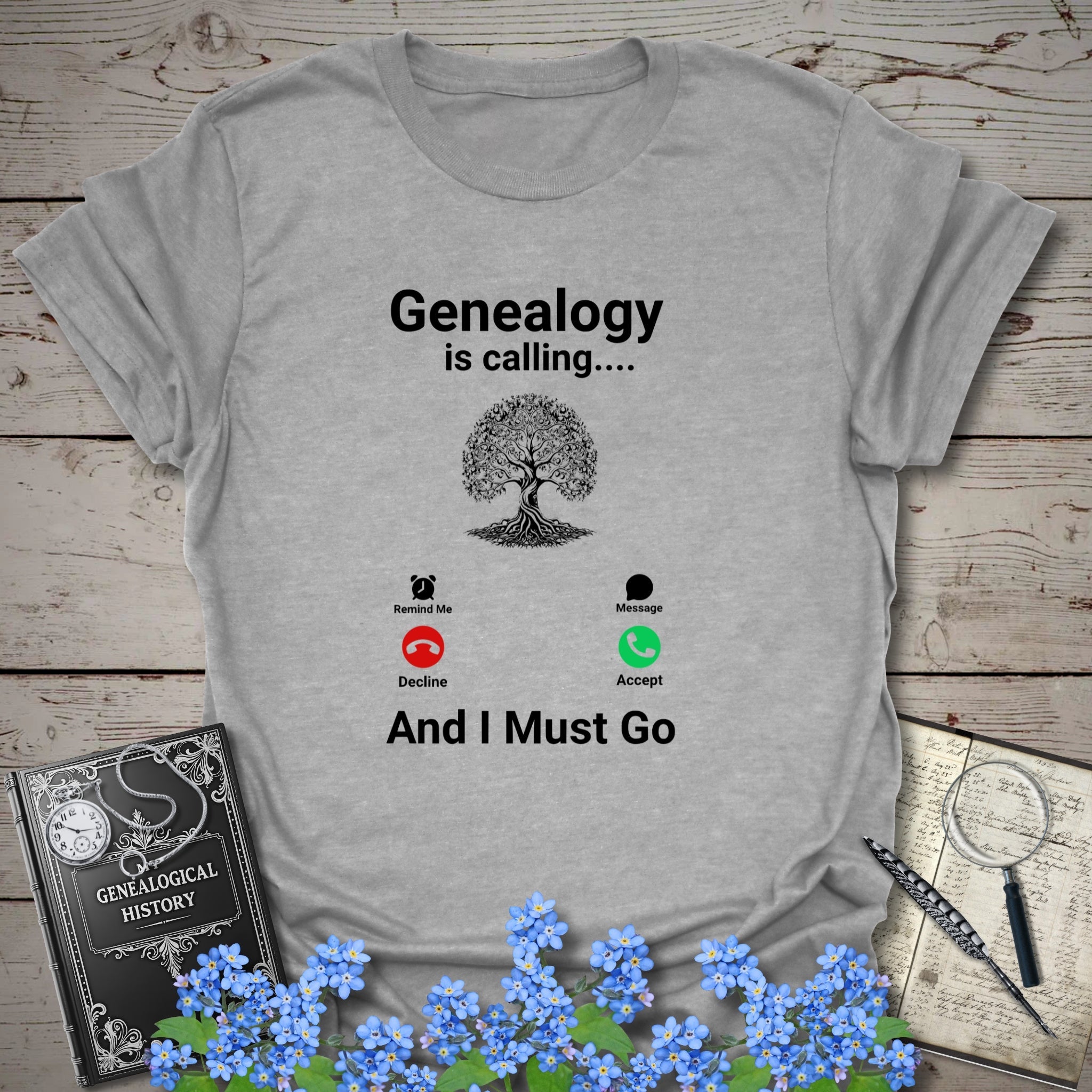 Genealogy Is Calling … And I Must Go T-Shirt in Sport Grey by Genealogy Keepsakes