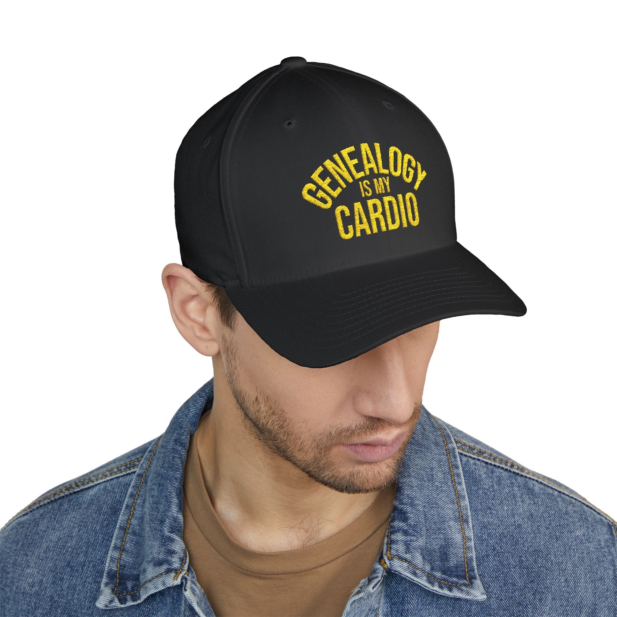 Genealogy Is My Cardio Embroidered Cap in Black by Genealogy Keepsakes