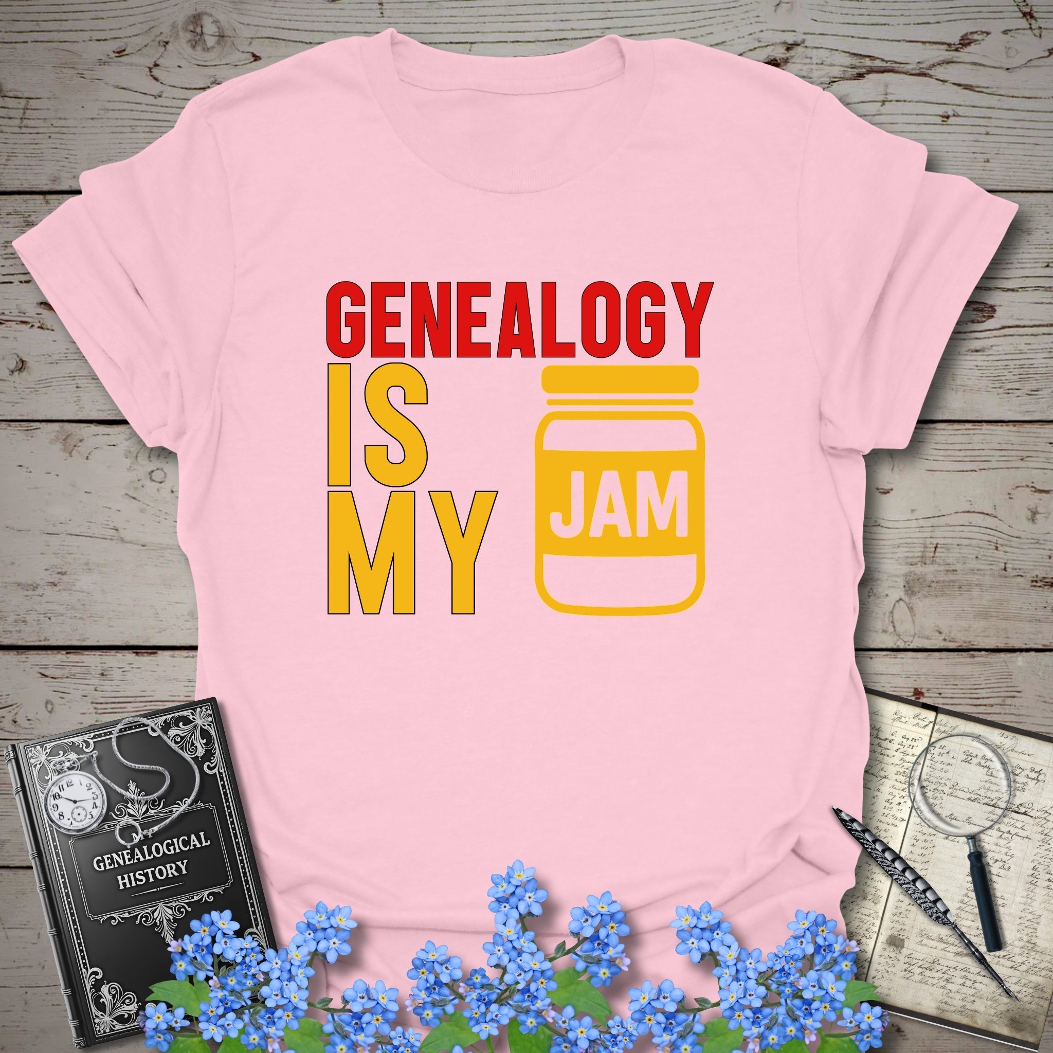Genealogy Is My Jam T-Shirt in Light Pink by Genealogy Keepsakes