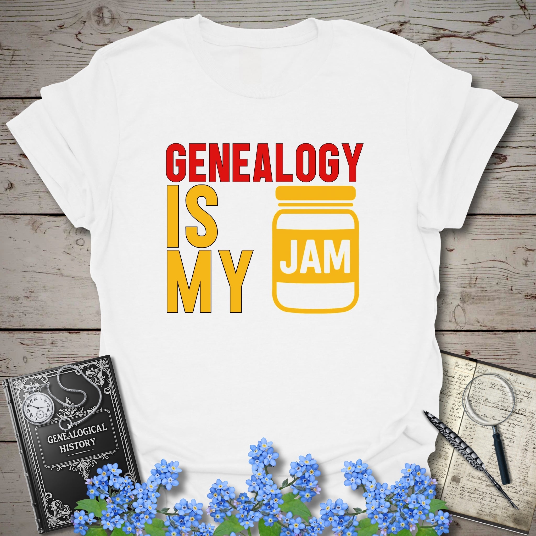 Genealogy Is My Jam T-Shirt in White by Genealogy Keepsakes