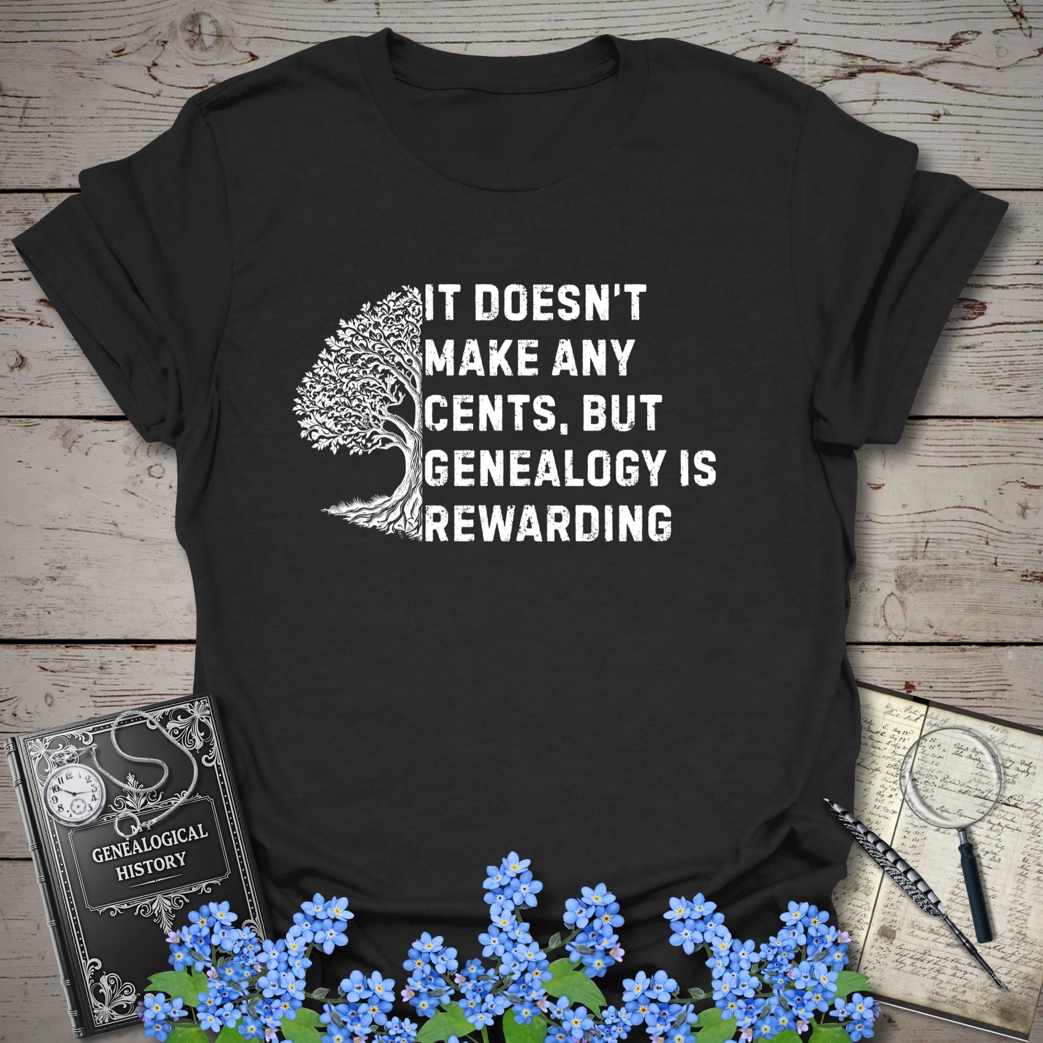 Genealogy Is Rewarding T-Shirt in Black by Genealogy Keepsakes